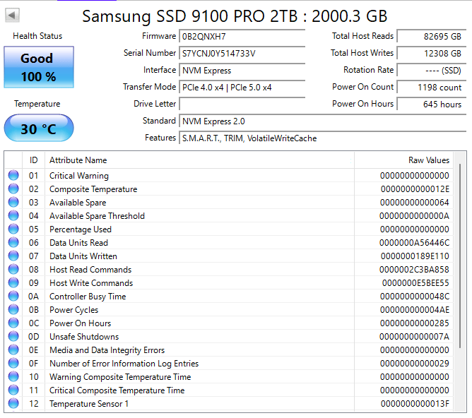 2TB Samsung 9100 PRO PCIe Gen 5.0x4.0 M.2 NVMe SSD 100% Health