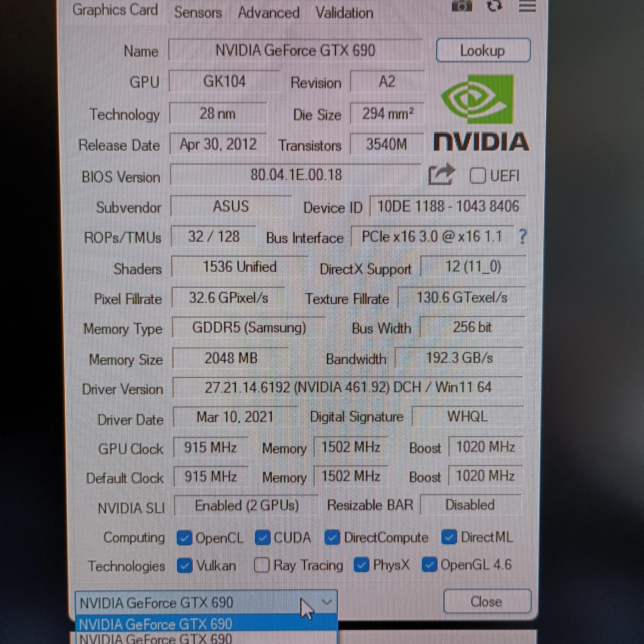 Two GTX 690 GPUs for Quad SLI (with SLI bridge). Tested, works well.