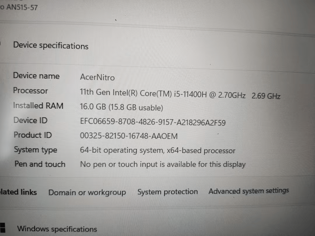 Acer Nitro 5 15.6" 144hz 1080p, 11400H, 1650, 16gb ram upgraded Laptop
