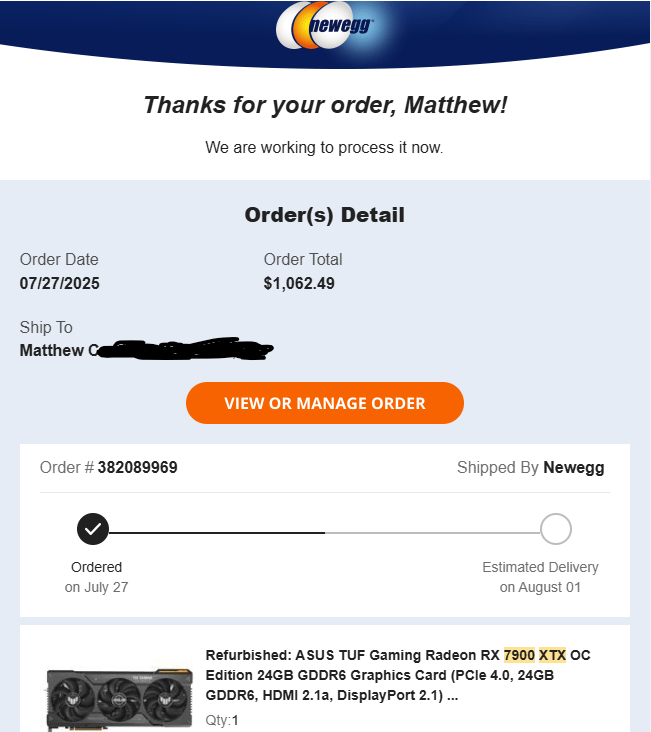 ASUS TUF 7900 XTX - Refurbished (never installed)