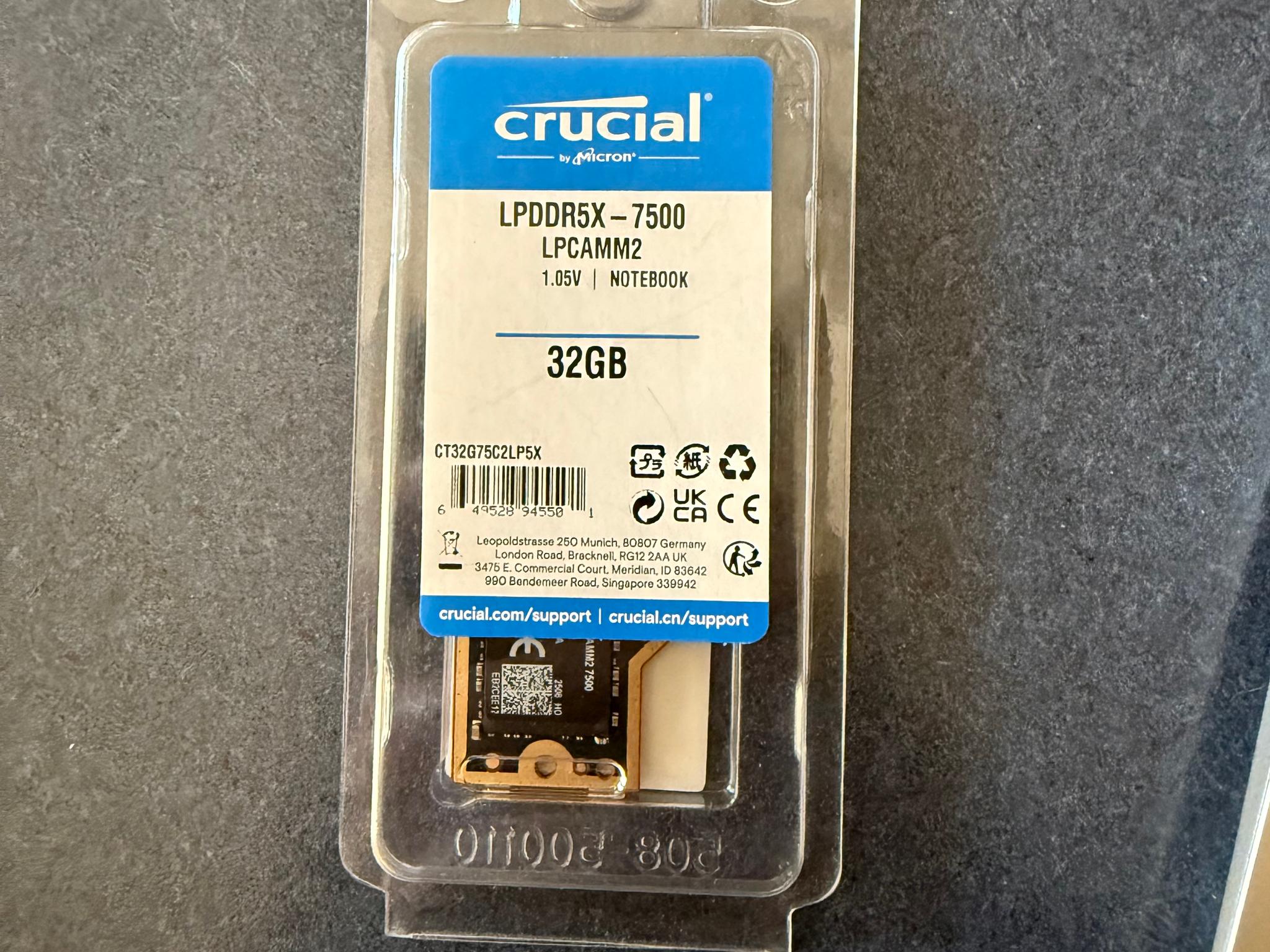 Crucial LPCAMM2 32GB, LPDDR5X-7500 | CT32G75C2LP5X