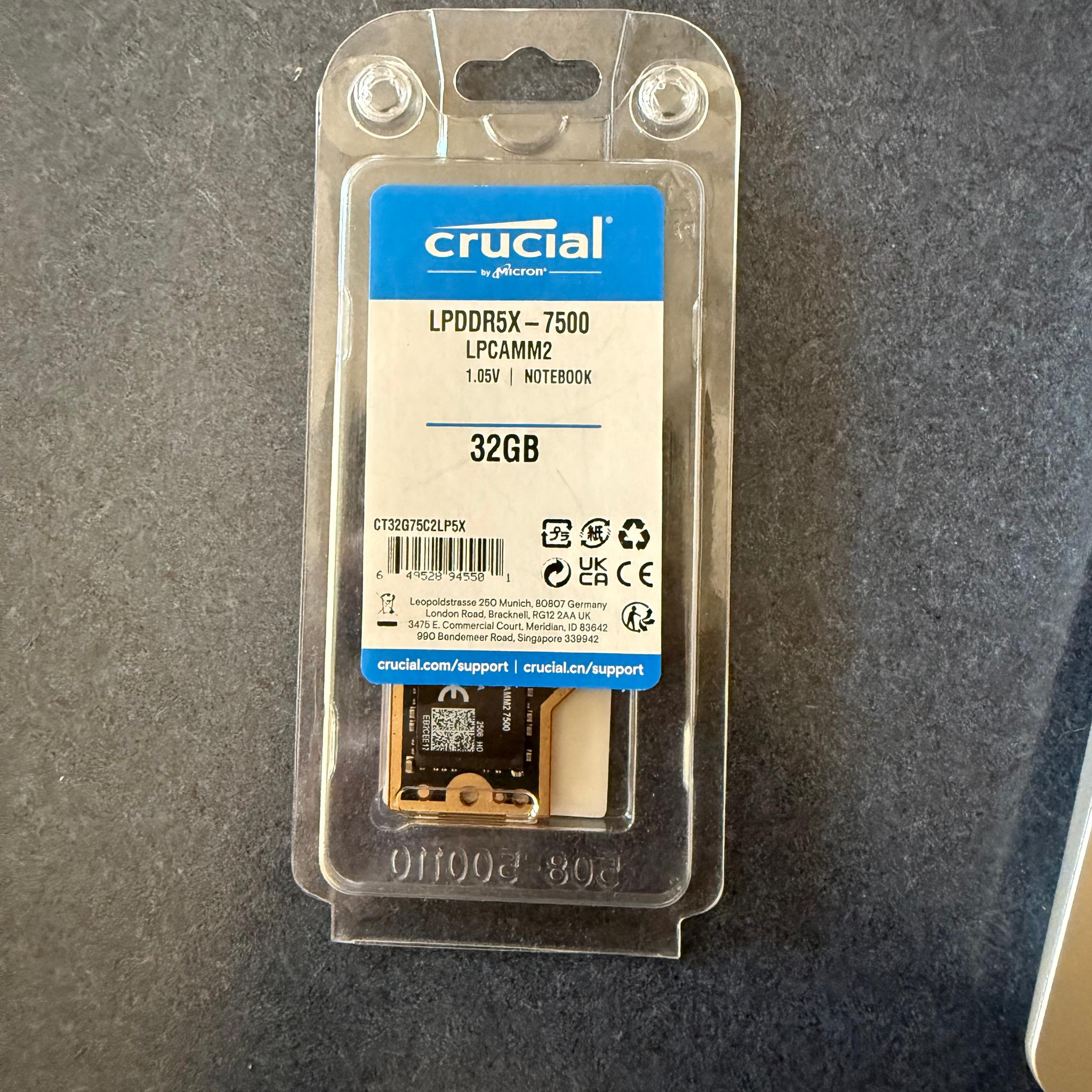 Crucial LPCAMM2 32GB, LPDDR5X-7500 | CT32G75C2LP5X