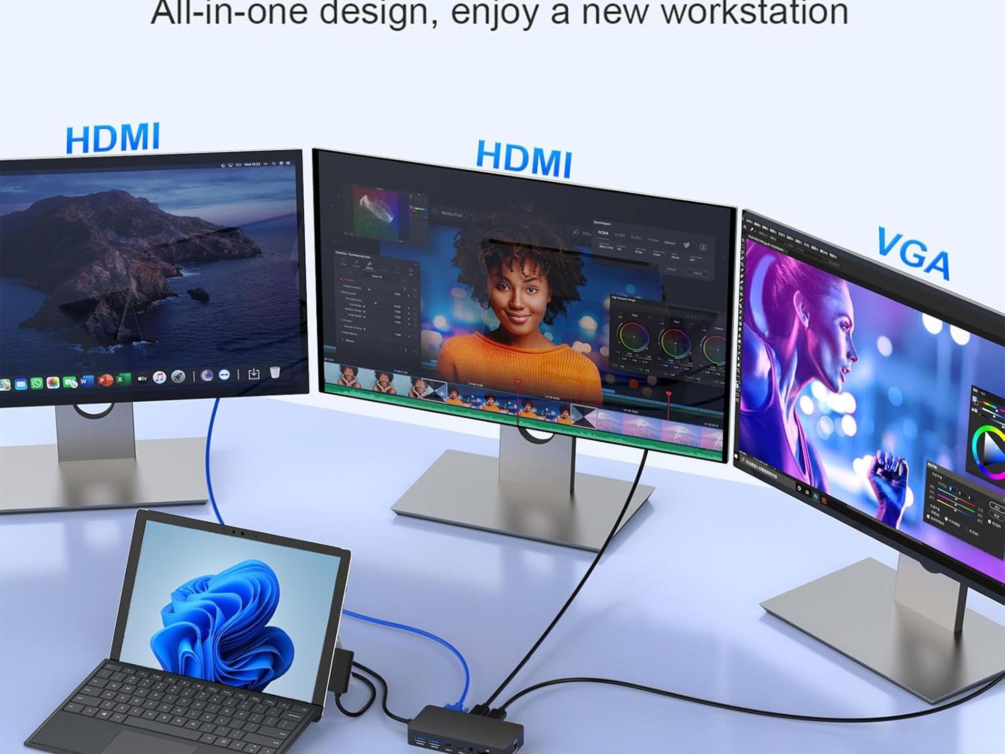 Thunderbolt 4 Dock Dual HDMI+VGA with Power Adapter Compatible with Surface Pro USB C MacBook