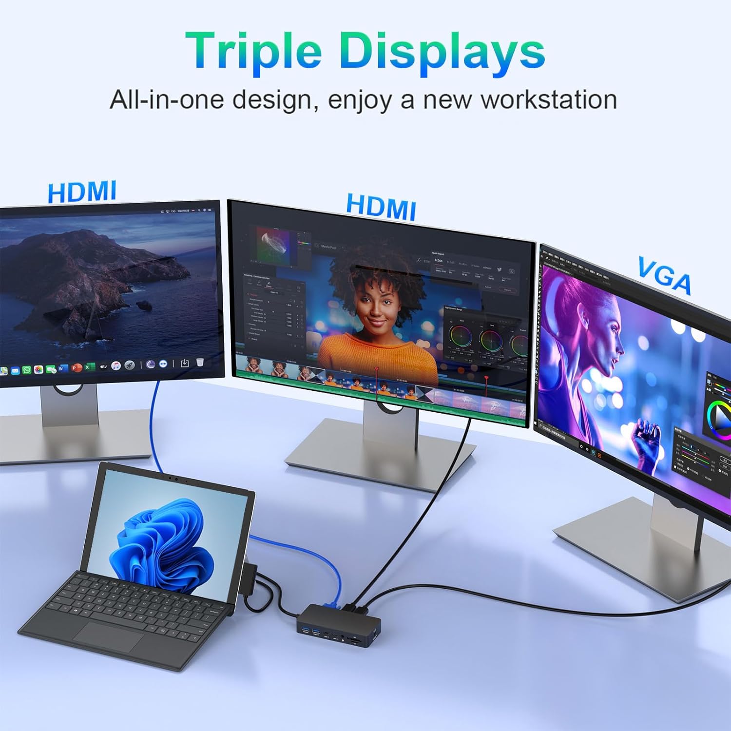 Thunderbolt 4 Dock Dual HDMI+VGA with Power Adapter Compatible with Surface Pro USB C MacBook