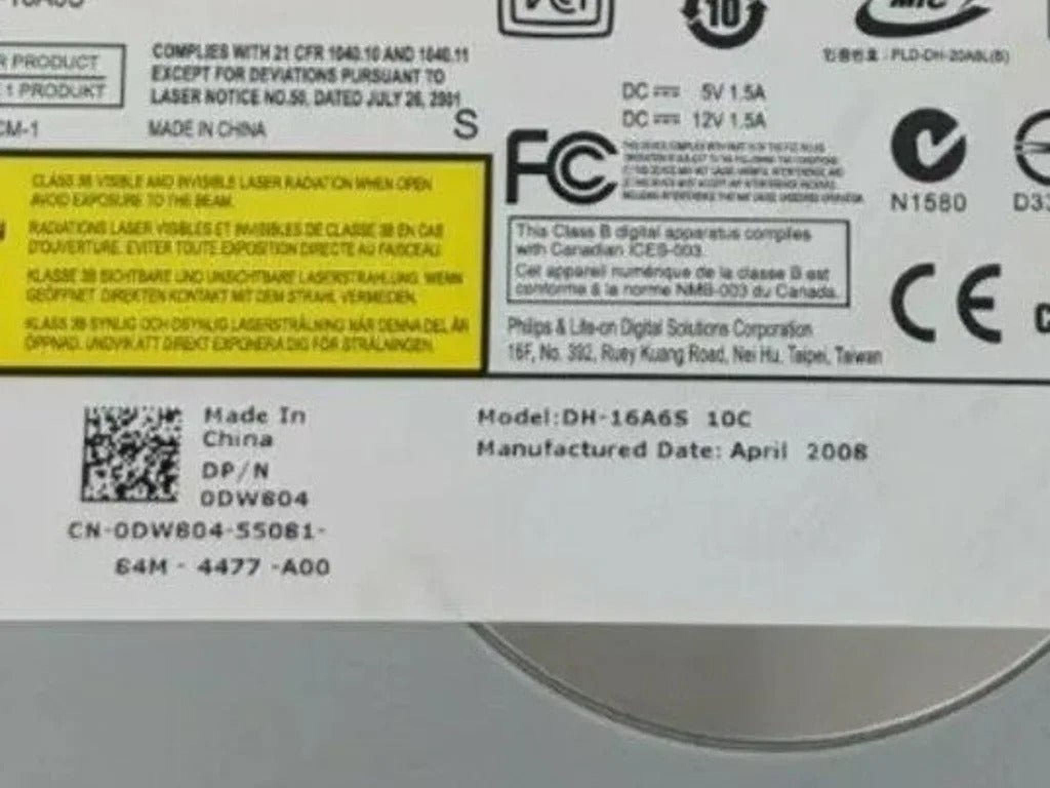 PHILIPS LITE-ON DVD CD 5.25" REWRITABE DRIVE DH-16A6S SATA CDRW CD±RW
