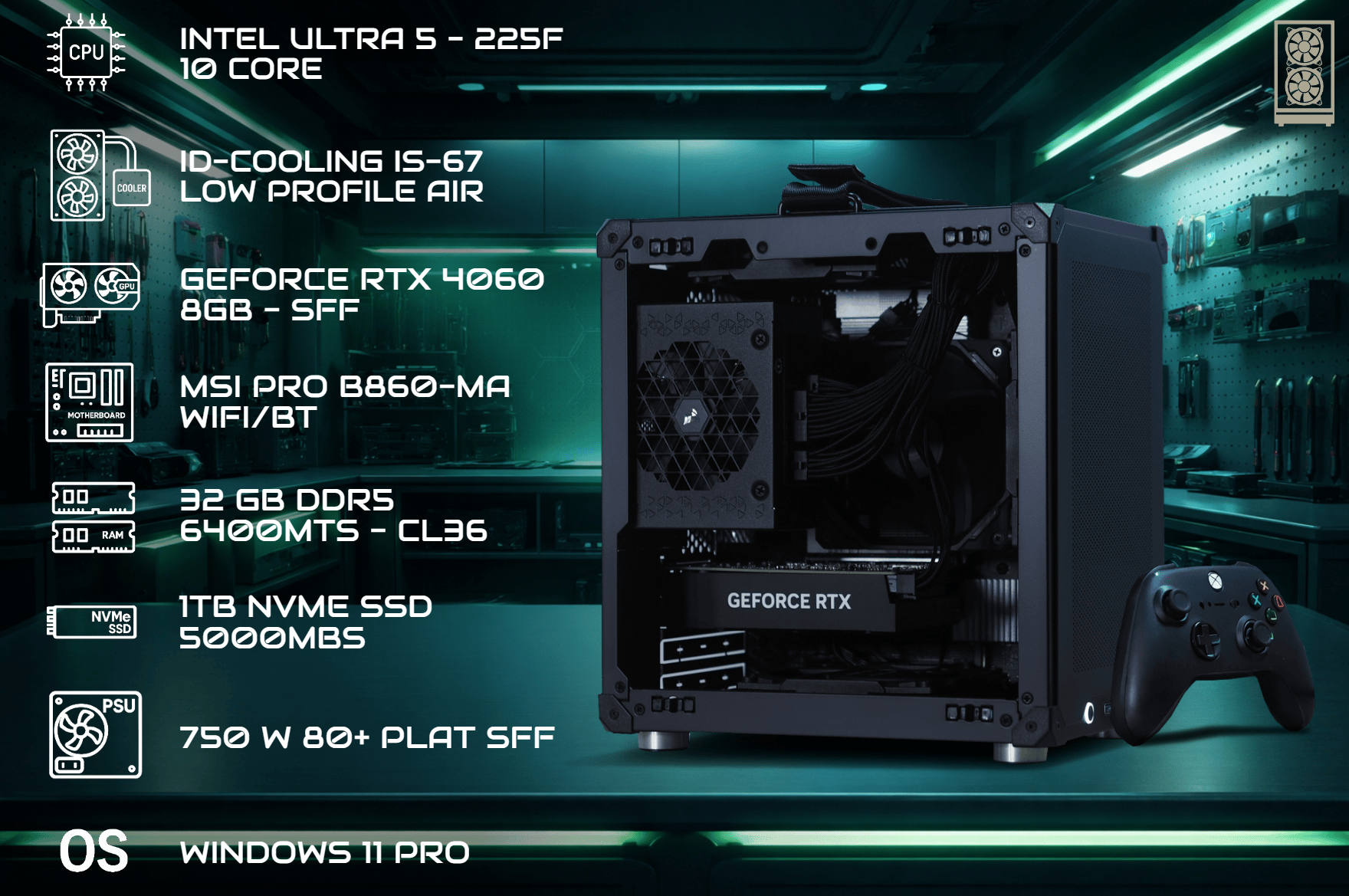 The CUBE: Mini PC - 4060 | Ultra 5 | 32gb DDR5 | 1Tb NVME | 750W Plat | W11 Pro
