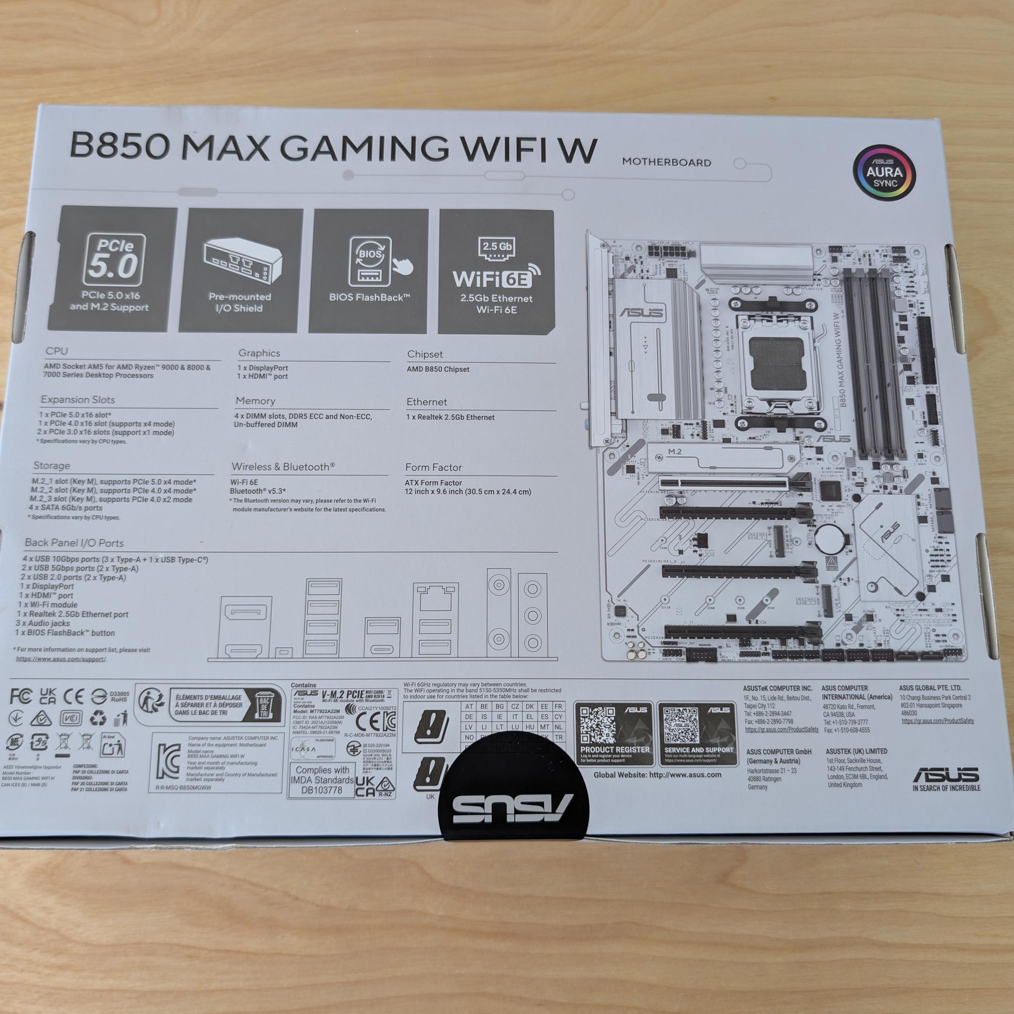 ASUS B850 MAX GAMING WIFI W AM5 Motherboard – White – WiFi 6E – Brand New Sealed