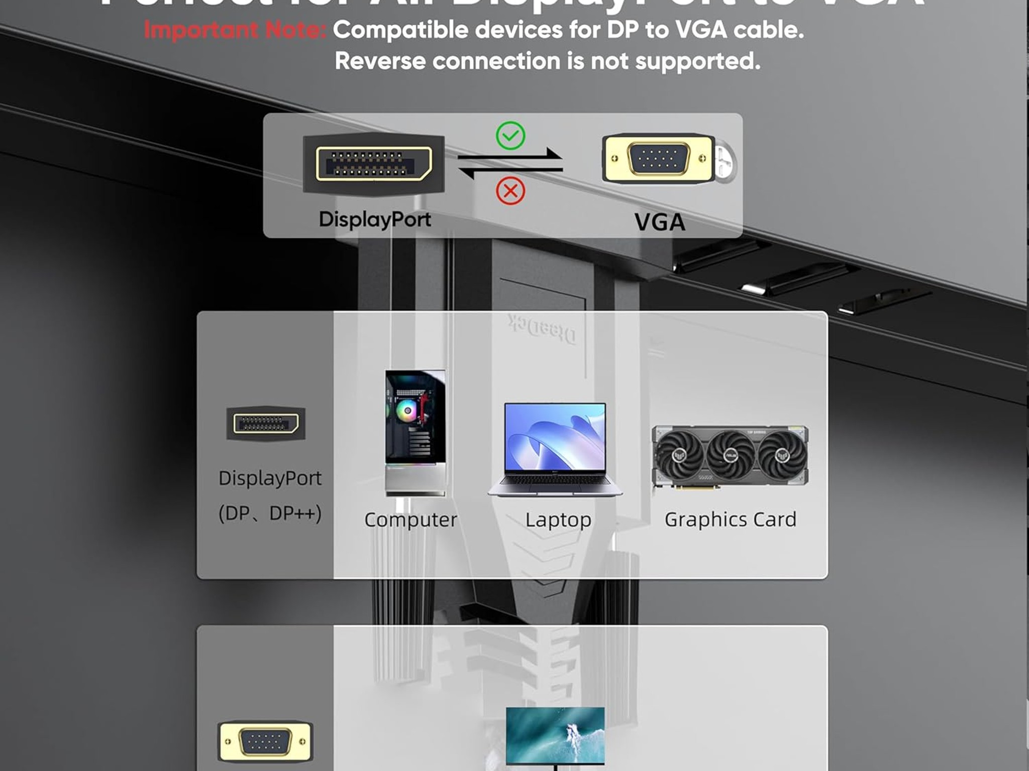 DisplayPort to VGA Cable 6ft Display Port DP to VGA 1080P@60Hz Adapter Converter Male 2 male Braided