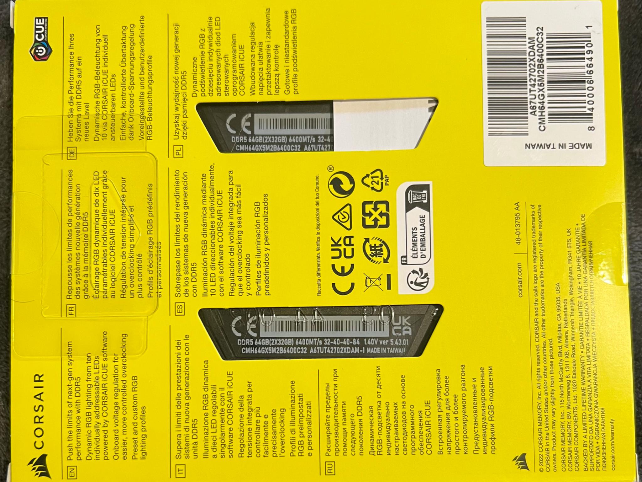 Corsair Vengeance RGB DDR5 64GB (2x32GB) CL32-40-40-84 1.40V 6400MT/s Intel XMP ICUE Compatible