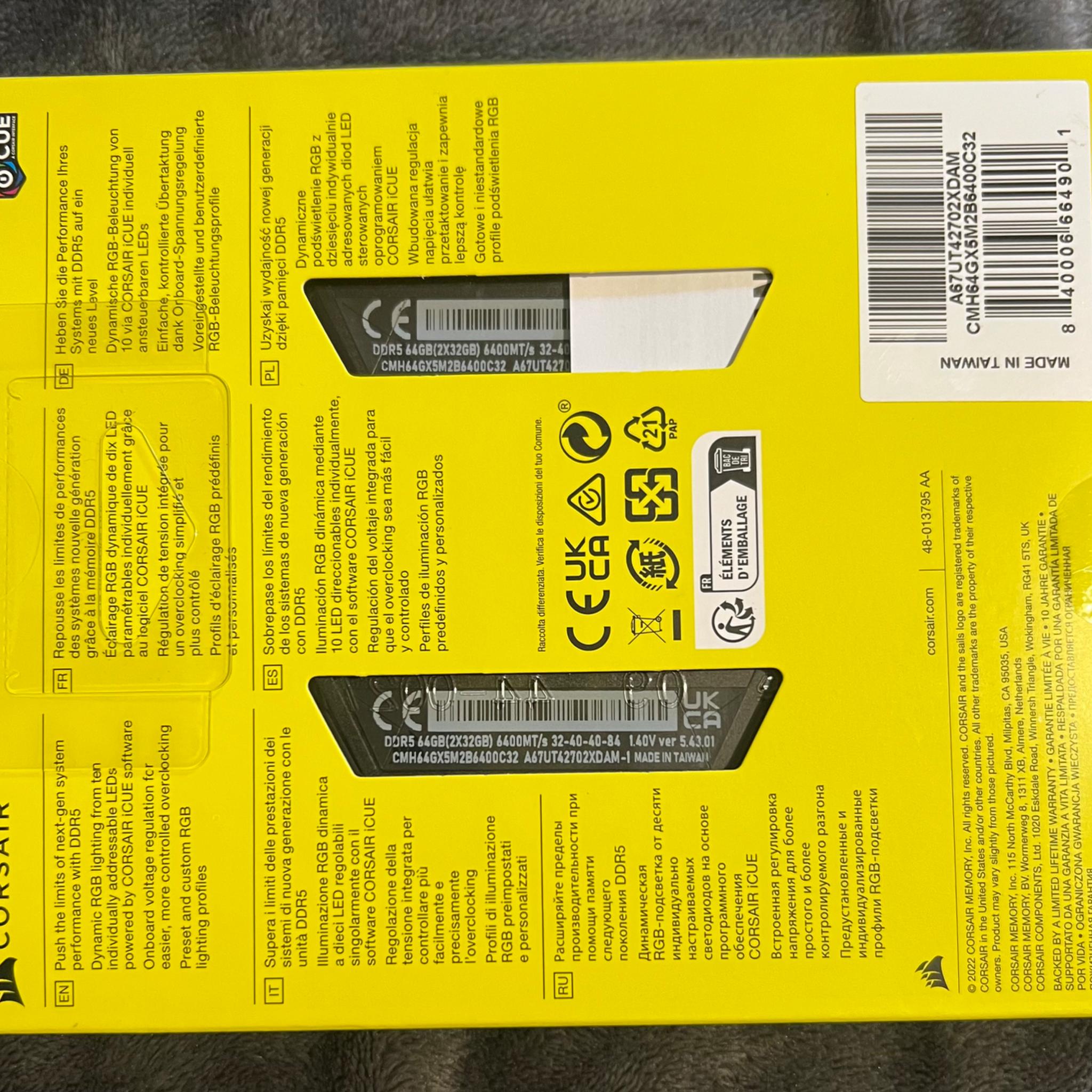 Corsair Vengeance RGB DDR5 64GB (2x32GB) CL32-40-40-84 1.40V 6400MT/s Intel XMP ICUE Compatible