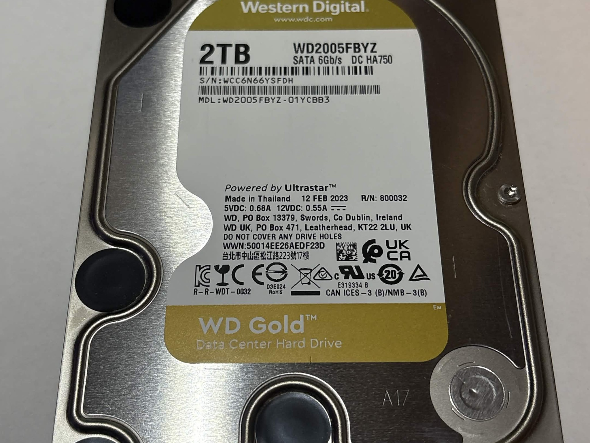 WD Gold 2TB Datacenter HDD WD2005FBYZ 7200RPM SATA – 10,253 Hours – Good SMART