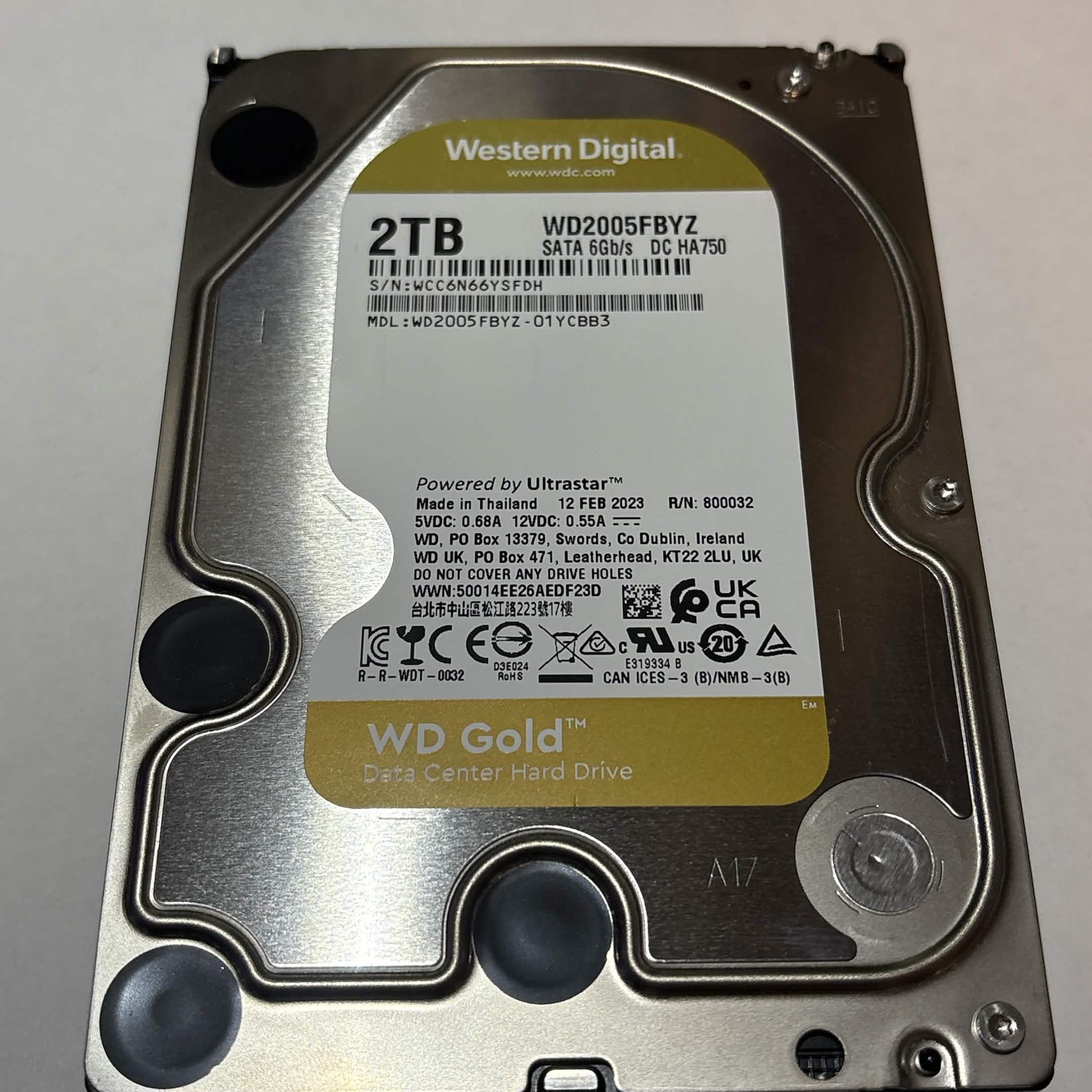 WD Gold 2TB Datacenter HDD WD2005FBYZ 7200RPM SATA – 10,253 Hours – Good SMART