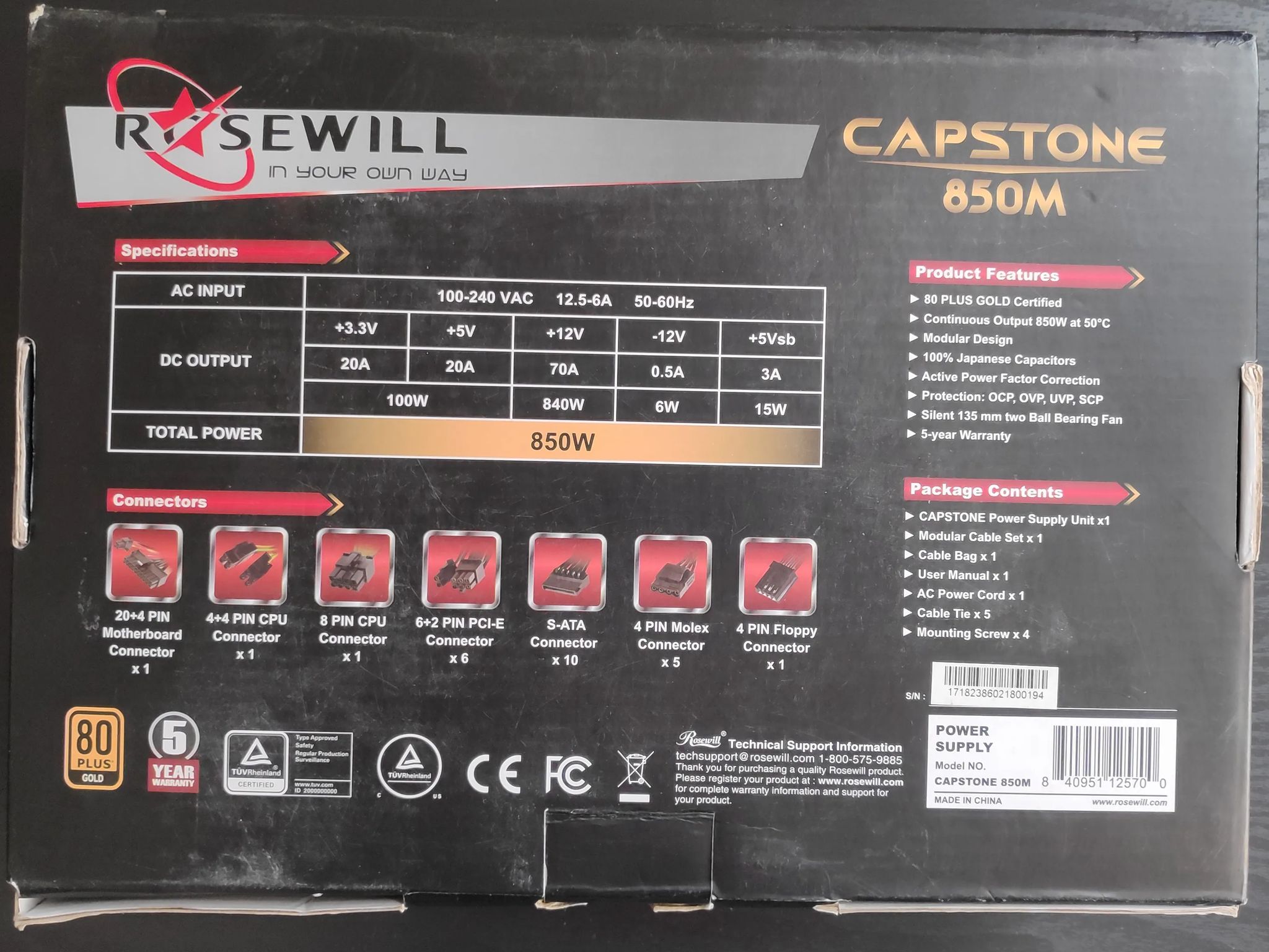 Rosewill Capstone 850M Semi-Modular 80 Plus Gold Power Supply