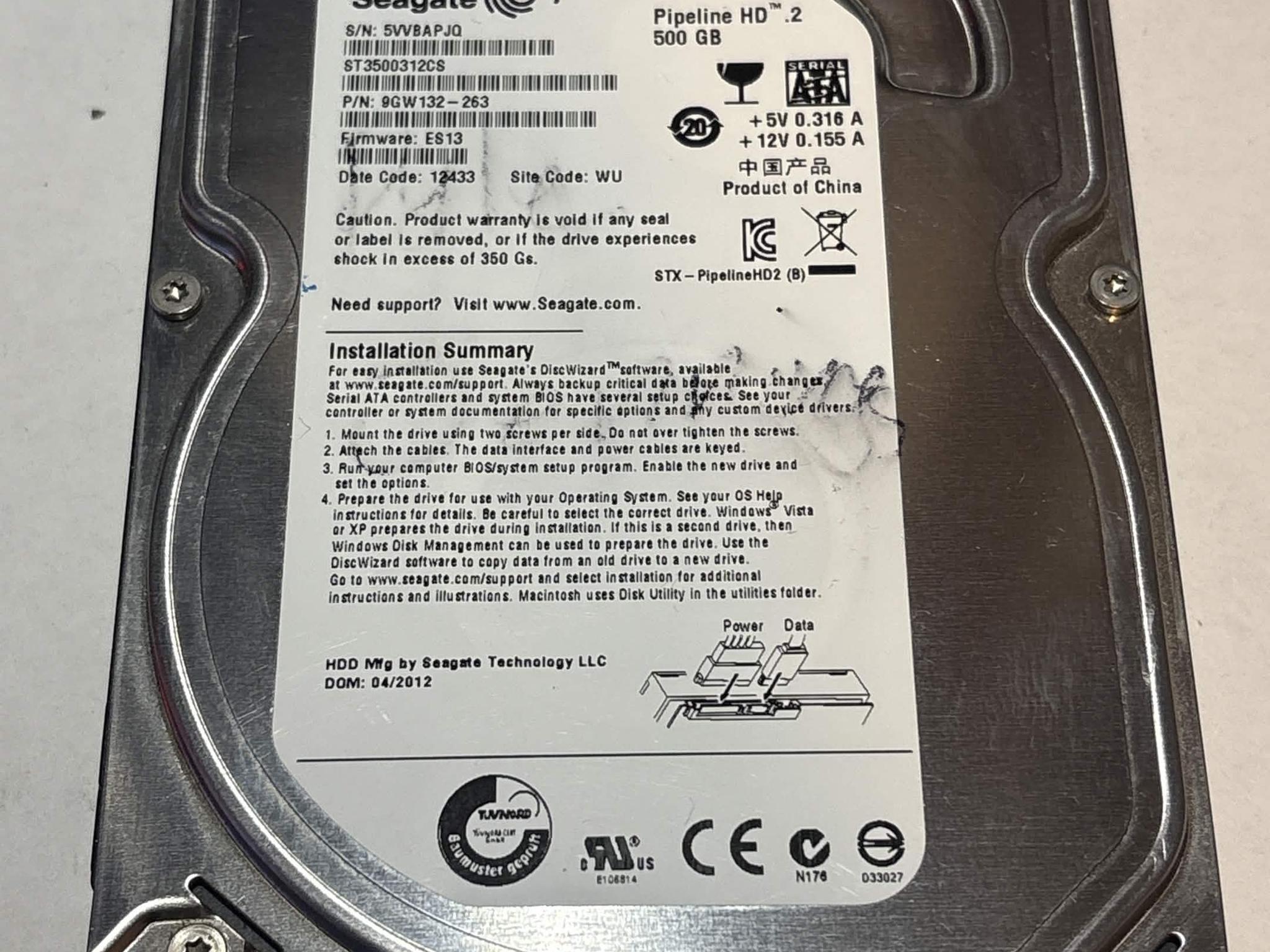 Seagate Pipeline HD.2 500GB SATA Hard Drive | Tested & Functional