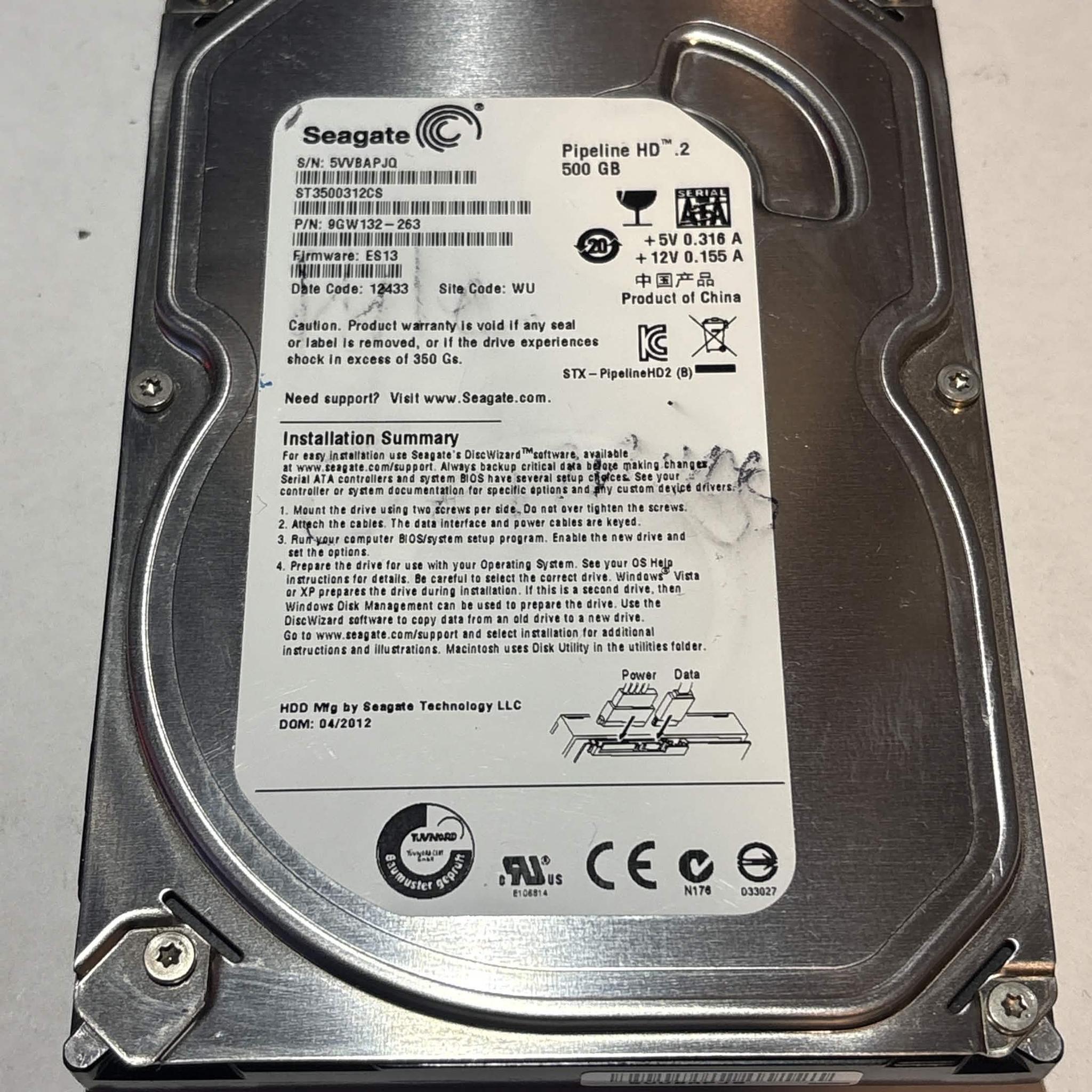 Seagate Pipeline HD.2 500GB SATA Hard Drive | Tested & Functional