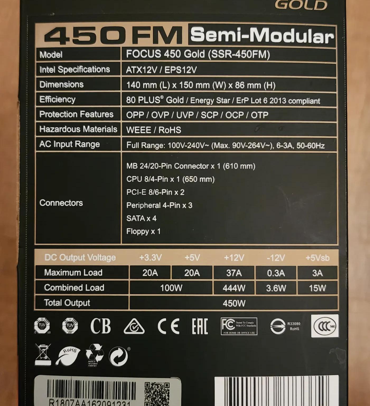 Seasonic Focus 450 Gold Plus Semi-Modular PSU