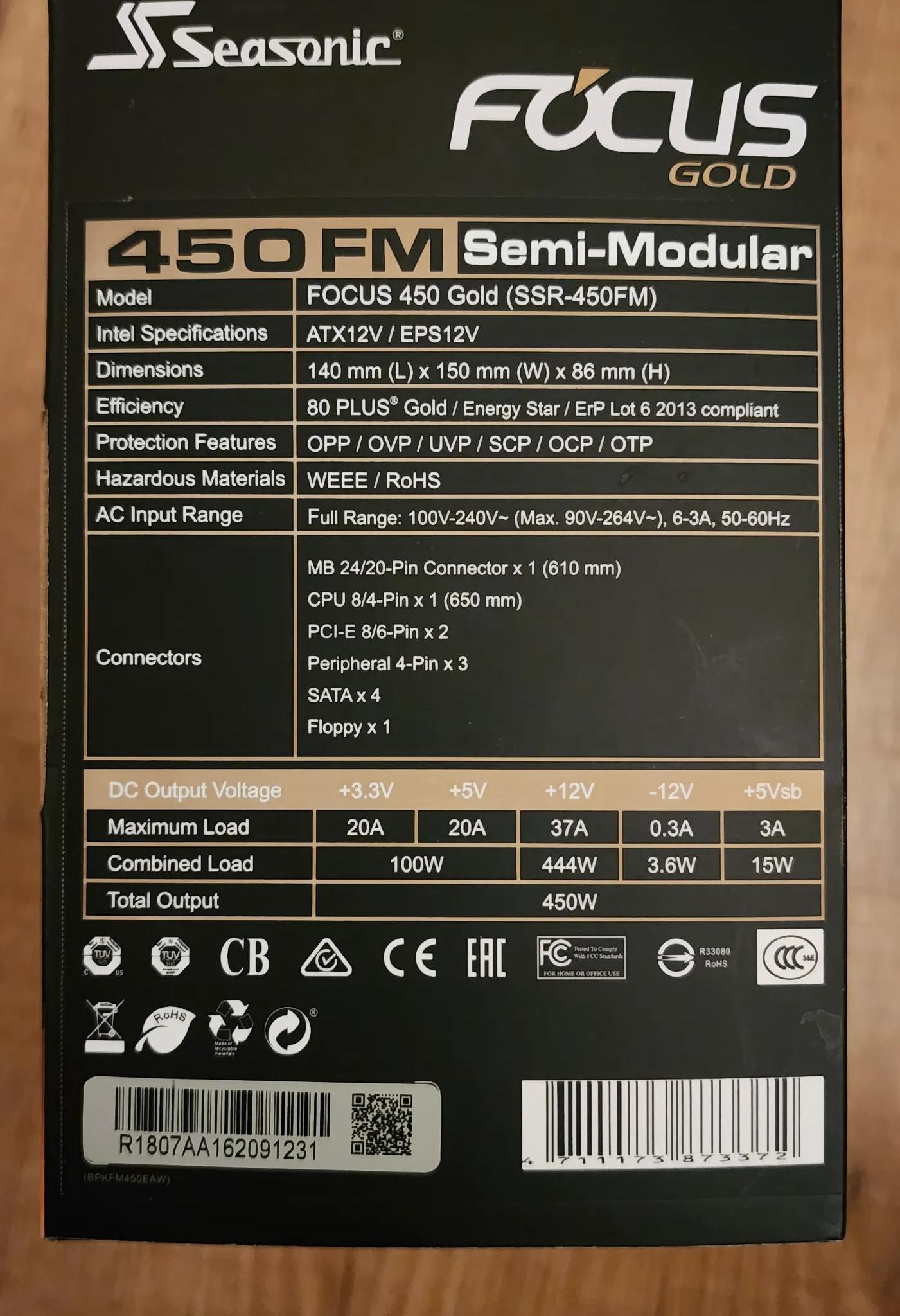 Seasonic Focus 450 Gold Plus Semi-Modular PSU