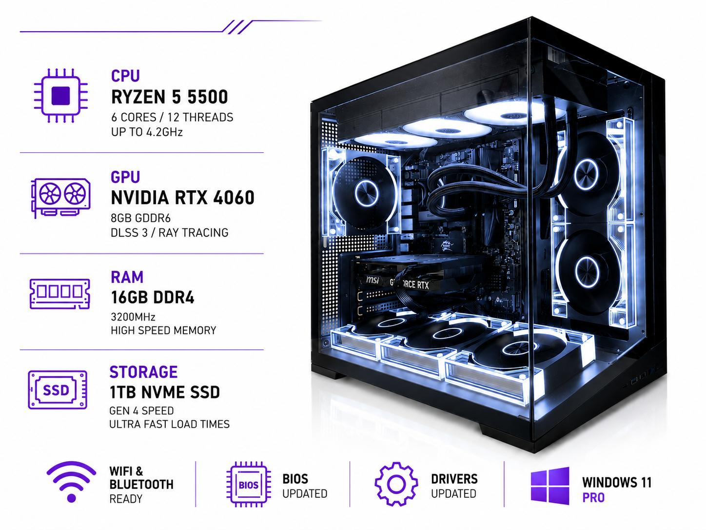 RADIANCE Gaming PC | Ryzen 5 5500 | RTX 4060 8GB | 1TB NVMe | 360mm AIO