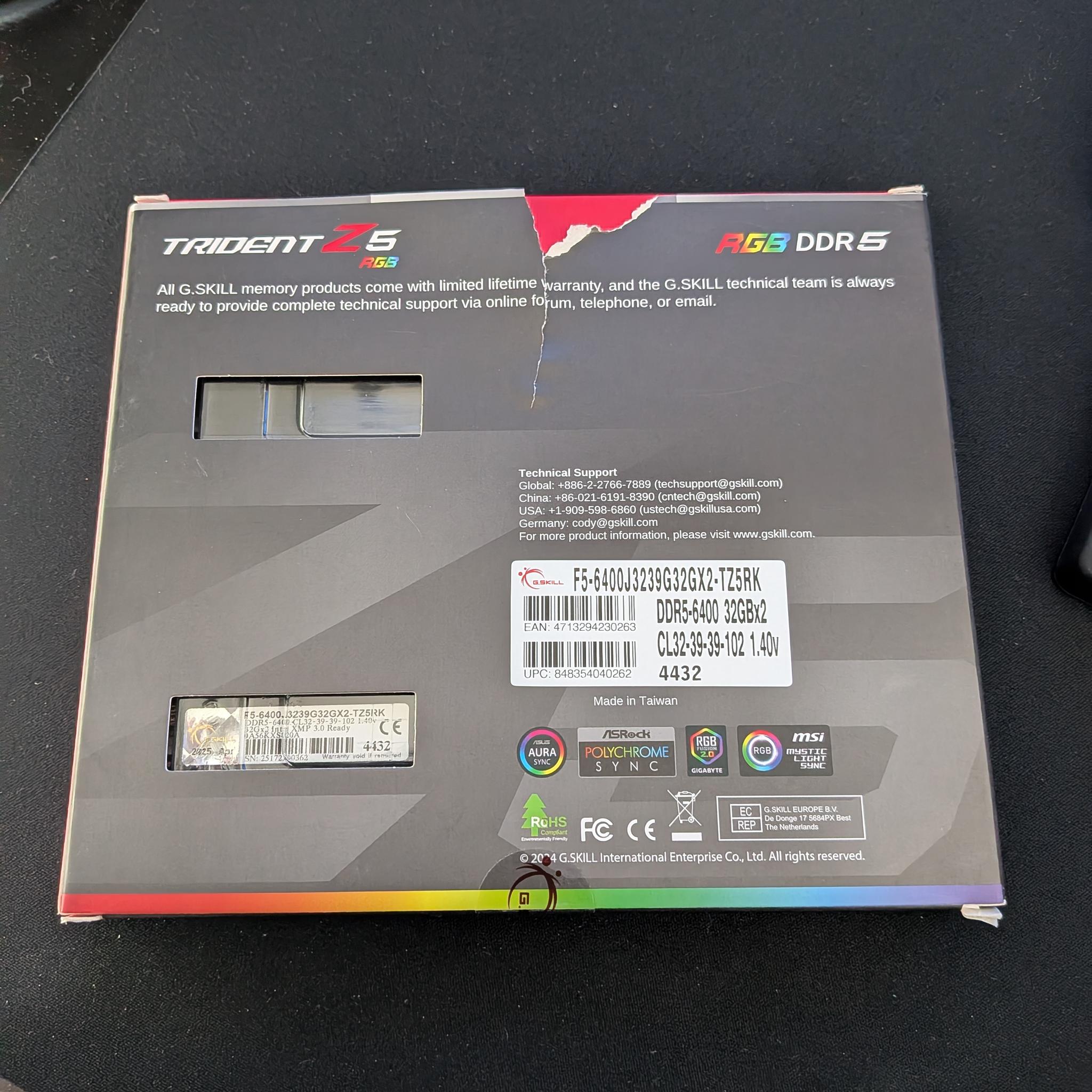 G Skill Trident Z5 RGB 32GBx2 DDR5-6400 CL32-39-39-102 1.40V XMP Ready