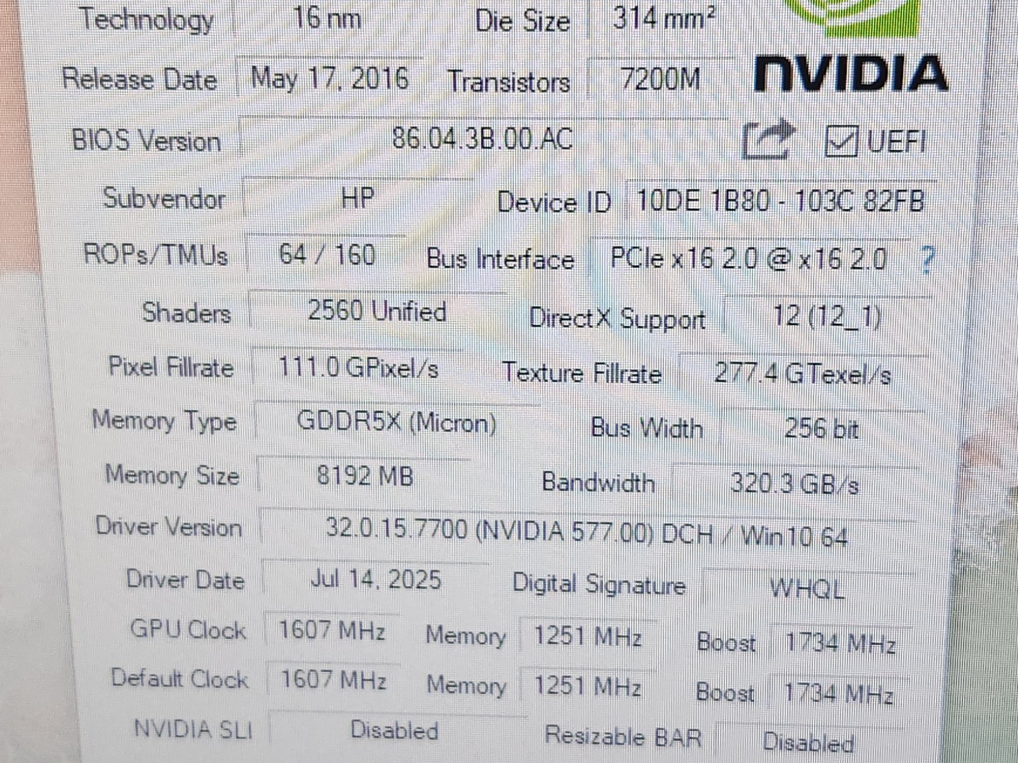 HP GTX1080 8GB