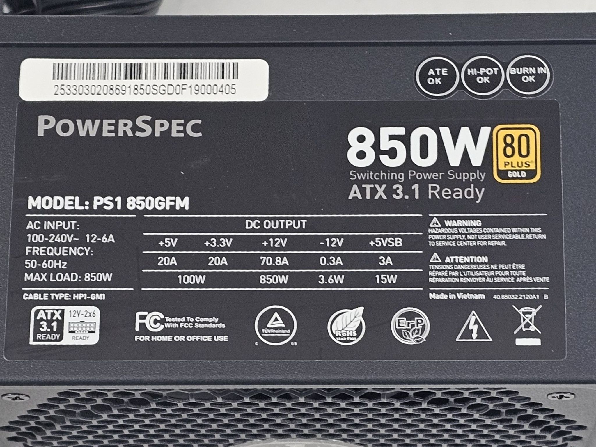 850 Watt PSU PowerSpec PS1 850GFM Power Supply