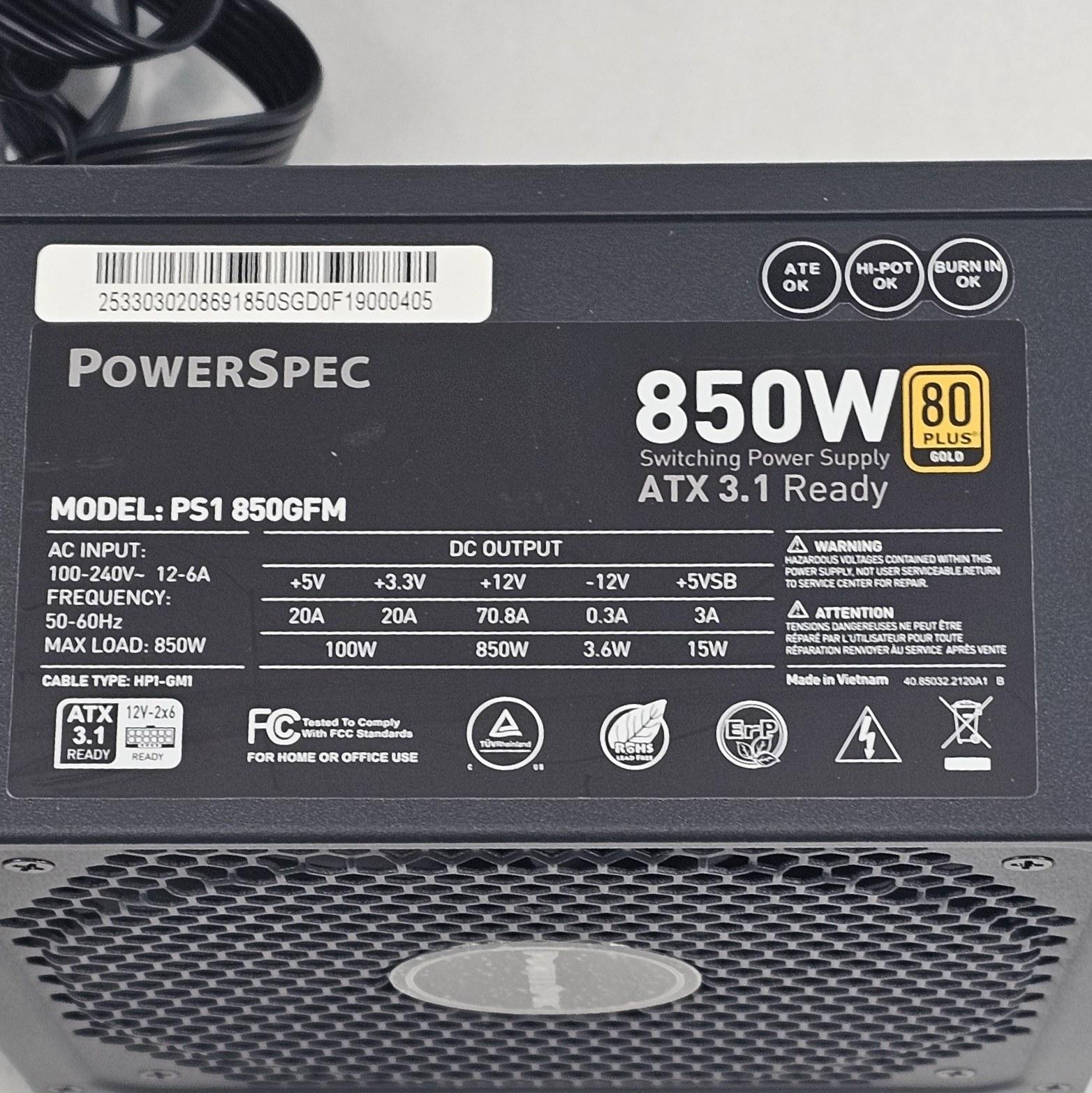 850 Watt PSU PowerSpec PS1 850GFM Power Supply