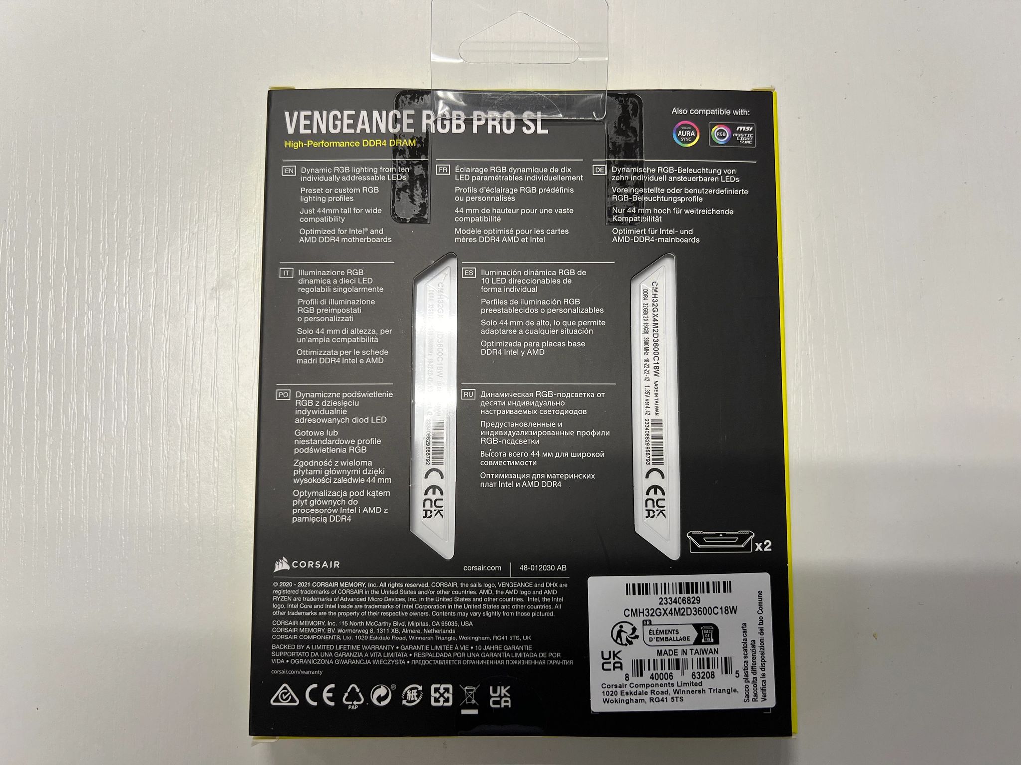 Corasir Vengeance DDR4 32GB (2x16) 3600MHz CL 18 White
