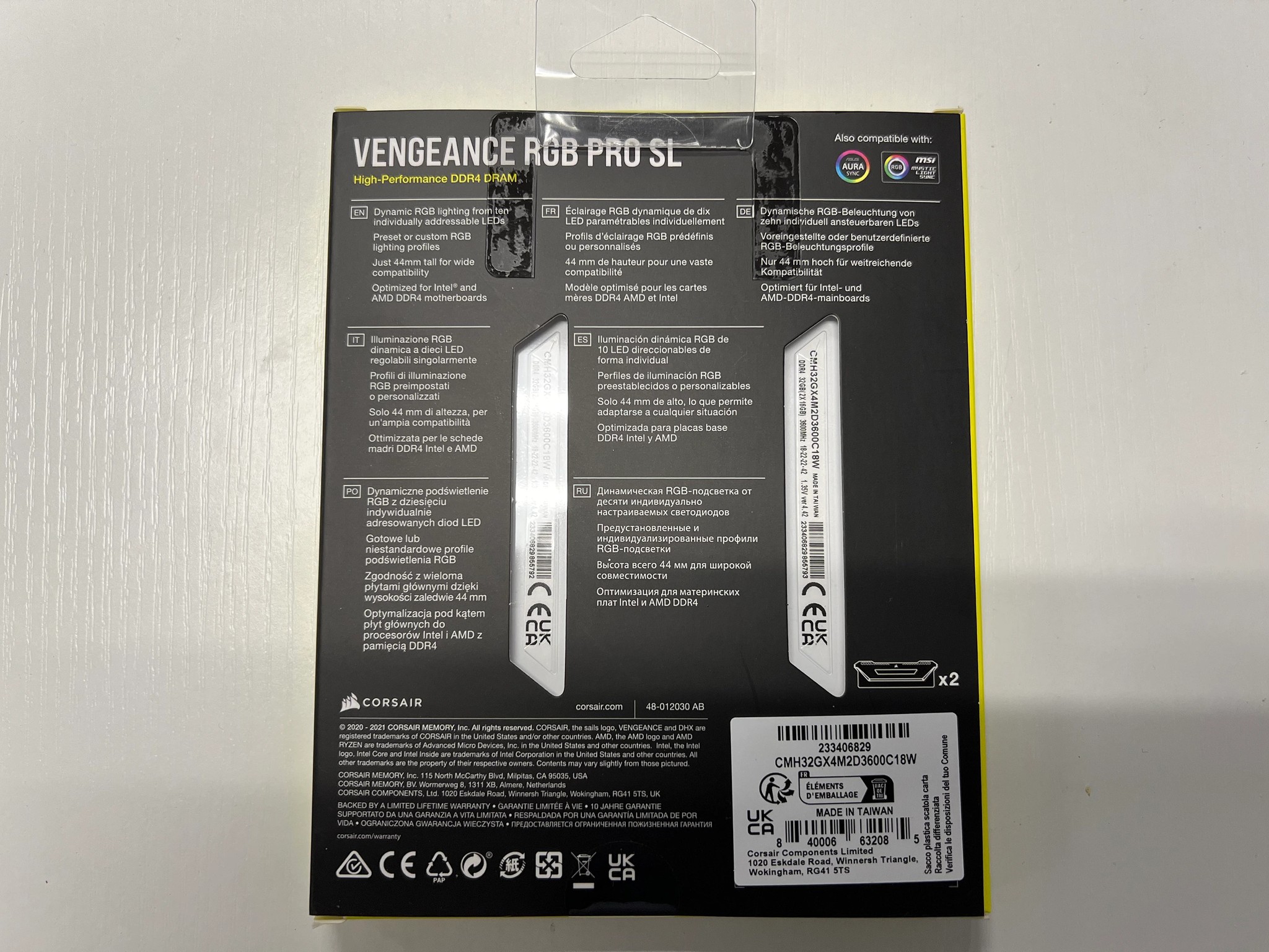 Corasir Vengeance DDR4 32GB (2x16) 3600MHz CL 18 White