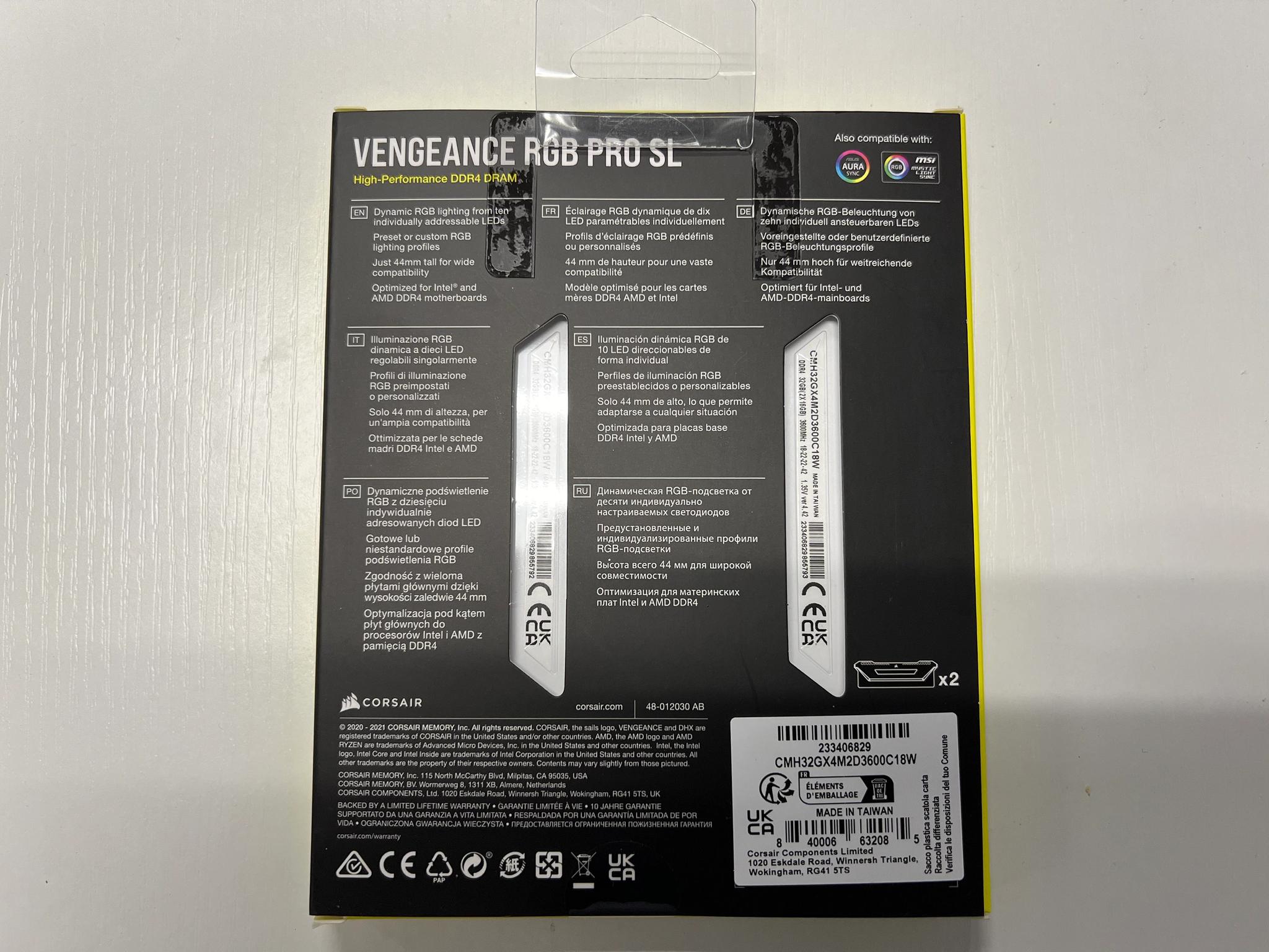 Corasir Vengeance DDR4 32GB (2x16) 3600MHz CL 18 White