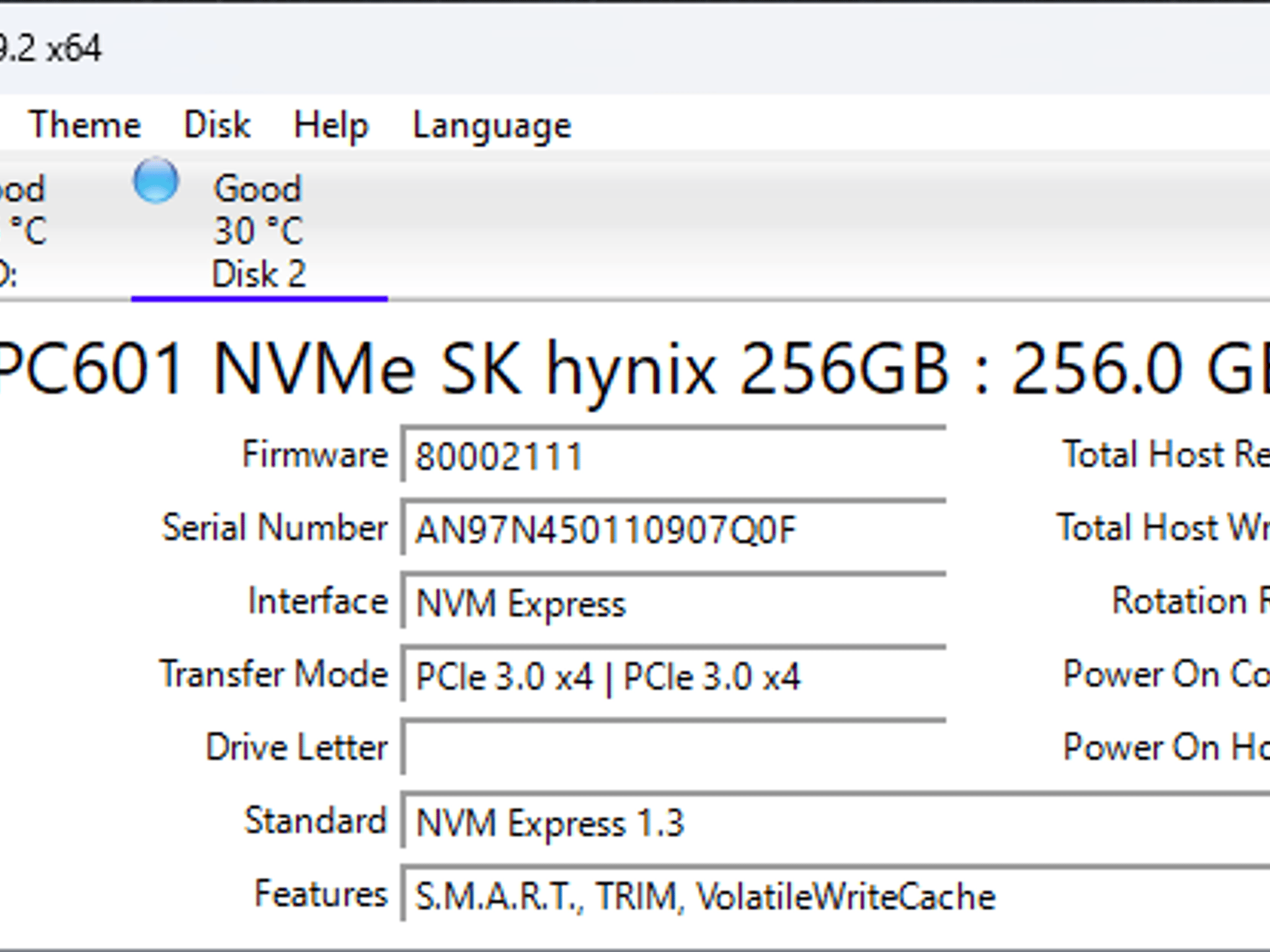 SK Hynix PC601 256GB M.2 2280 NVMe PCIe Gen3x4 SSD HFS256GD9TNG-L2A0 Internal Drive 97% Health