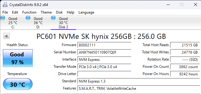 SK Hynix PC601 256GB M.2 2280 NVMe PCIe Gen3x4 SSD HFS256GD9TNG-L2A0 Internal Drive 97% Health