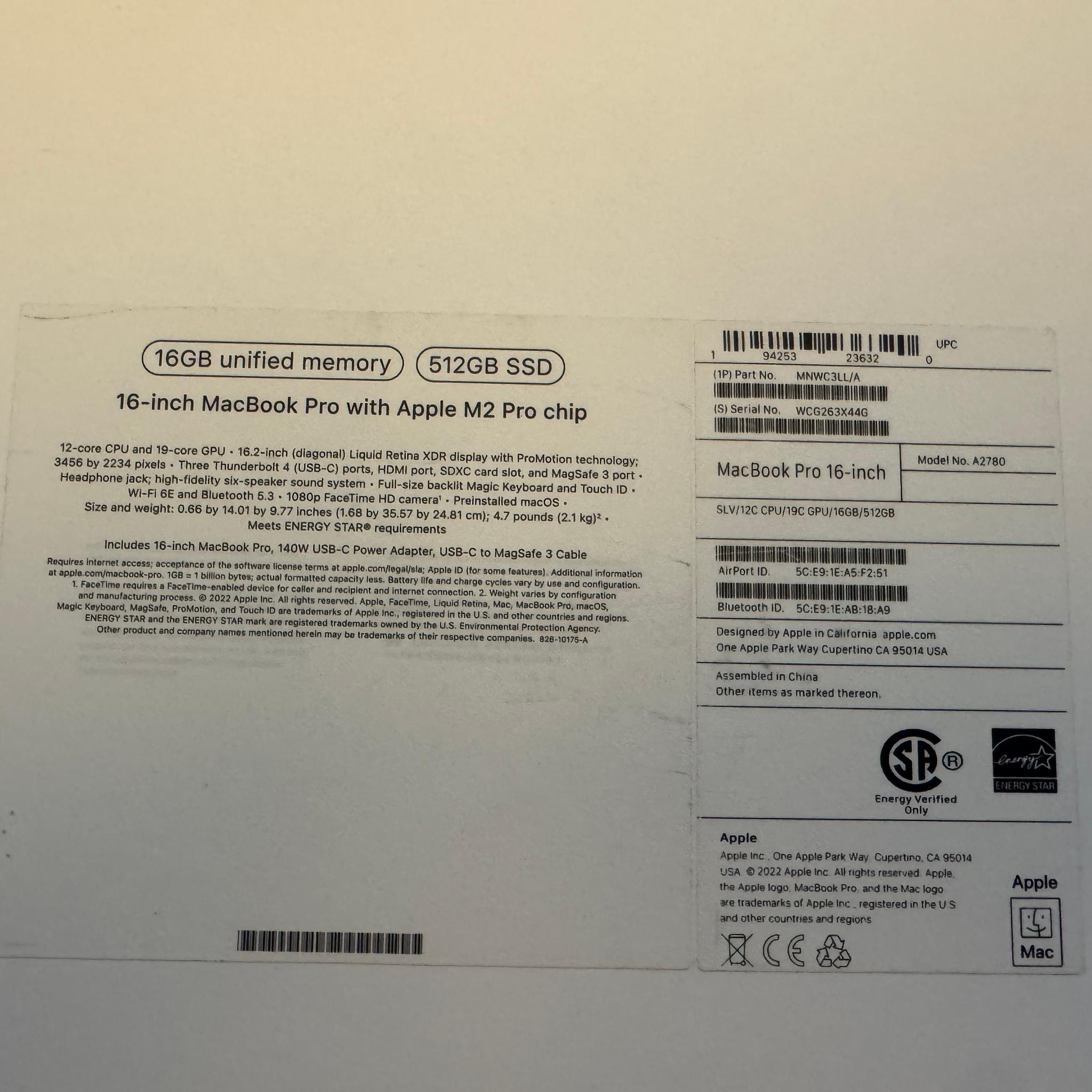 MacBook Pro - (M2 Pro, 16GB, 512GB SSD)-New, Open Box