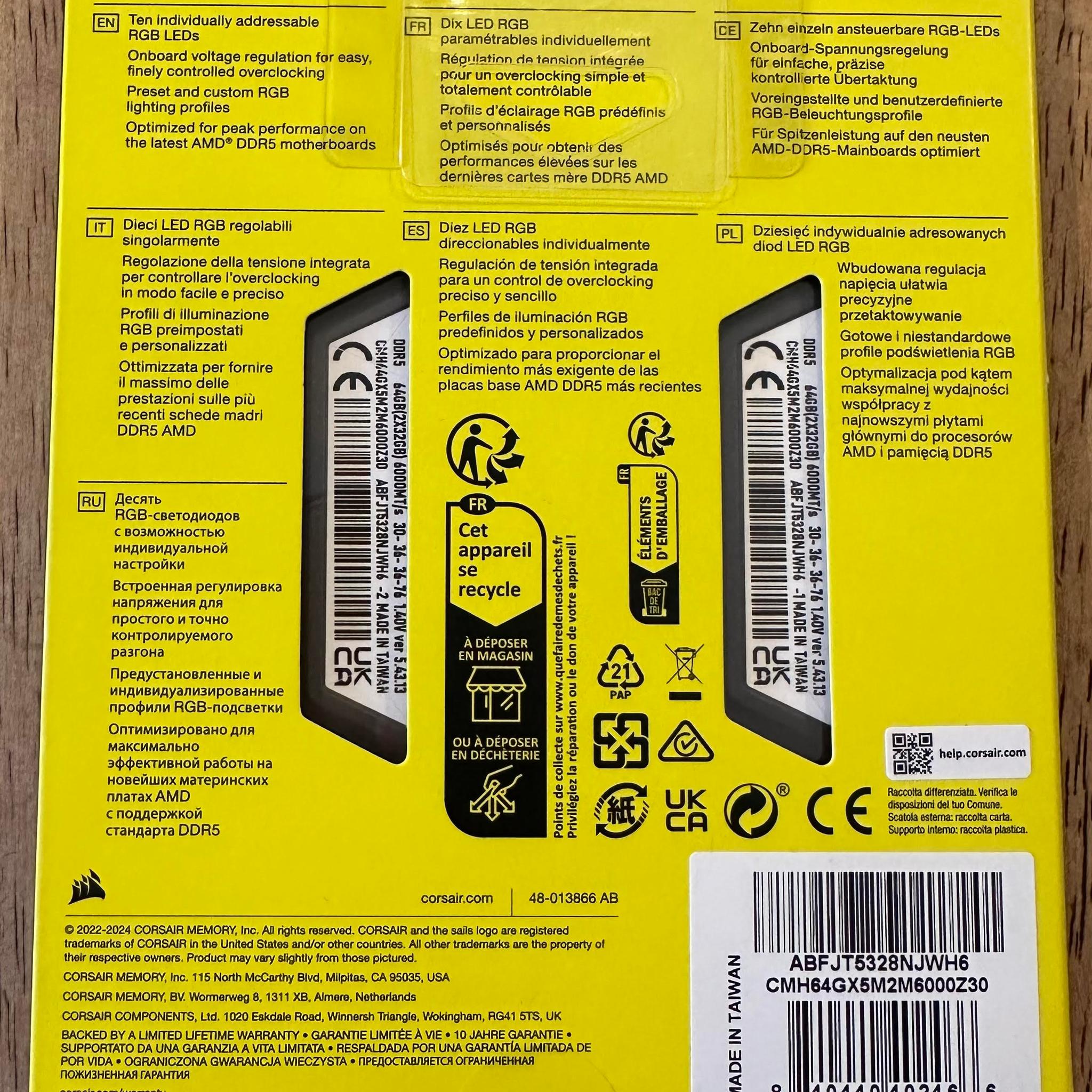 CORSAIR VENGEANCE RGB 64GB (2 x 32GB) DDR5-6000 PC5-48000 CL30