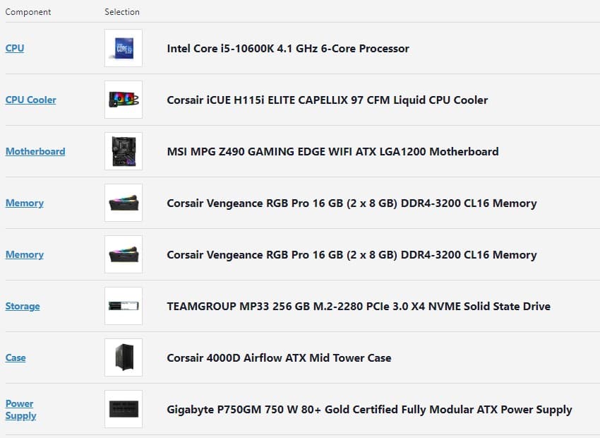 Intel Core i5-10600K 4.1 GHz NO GPU Starter Build