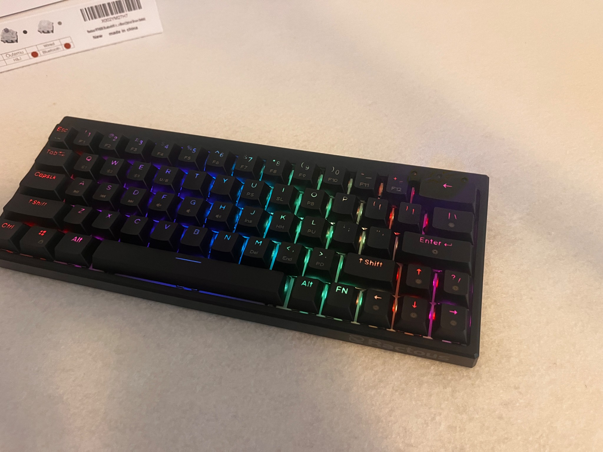 Ractous Design RGB Keyboard  Hot Swappable.  H&J Optical Brown Switches. Bluetooth/Wired.