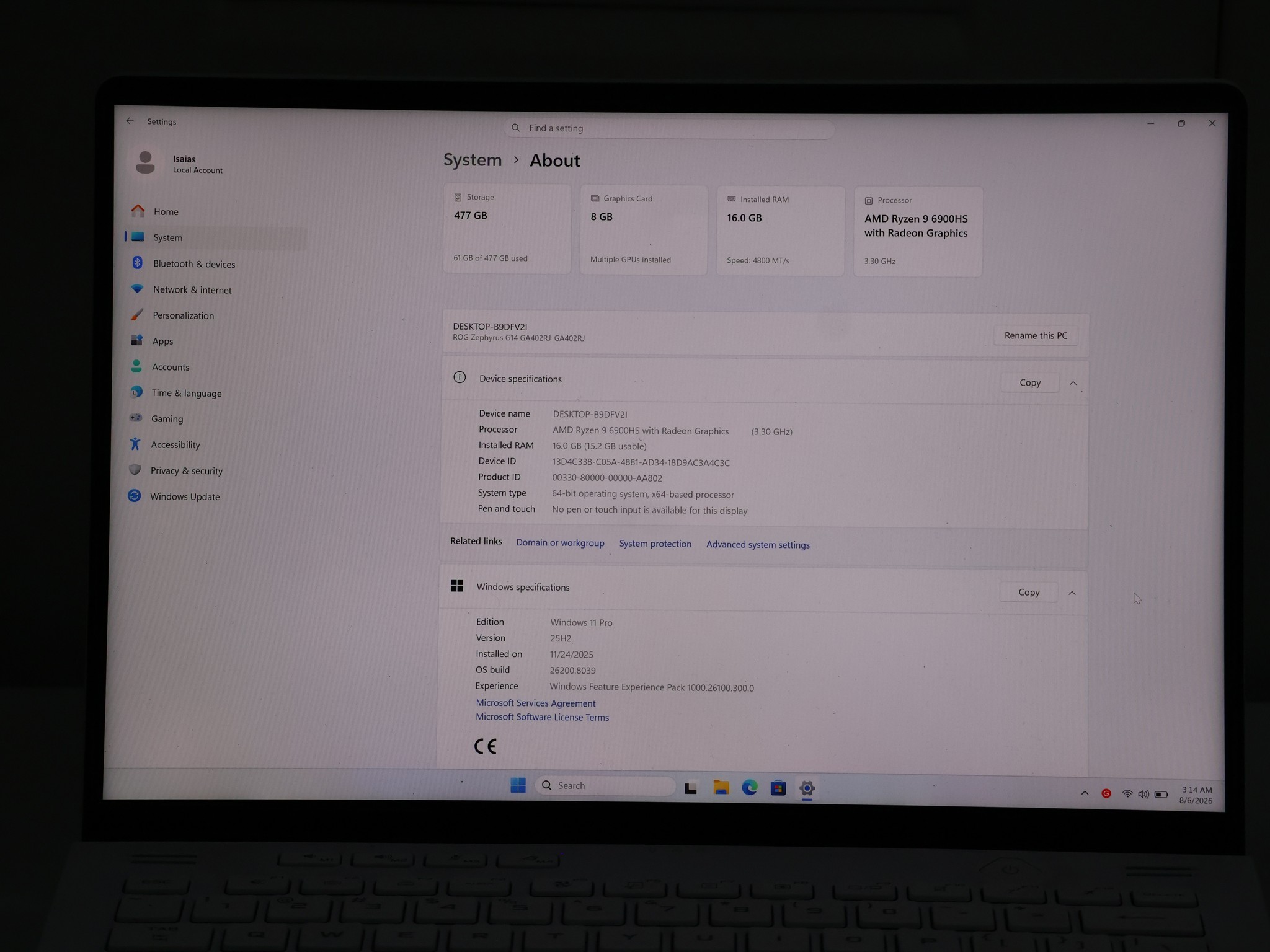 ASUS ROG Zephyrus G14 GA402RJ Ryzen 9 6900HS RX 6700S 16GB DDR5 512GB SSD