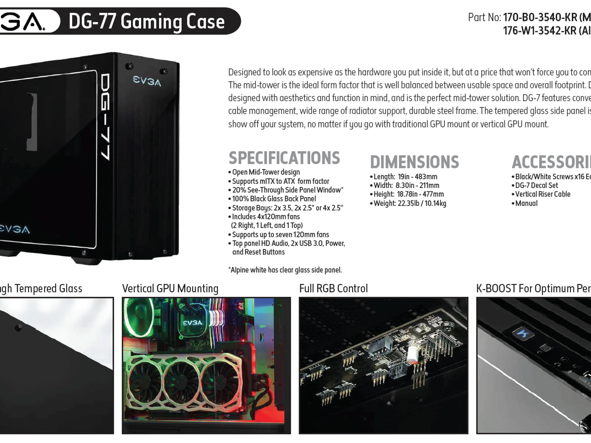 NEW EVGA DG-77 Matte Black Mid-Tower Gaming Case, Tempered Glass, Vertical GPU Mount, RGB, & K-Boost