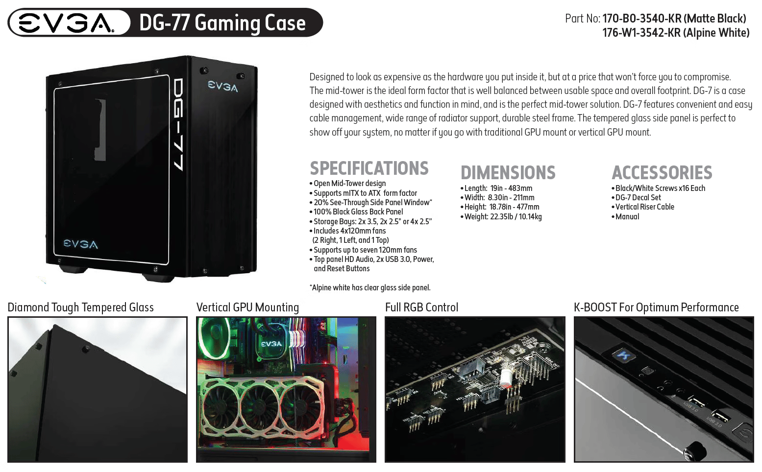 NEW EVGA DG-77 Matte Black Mid-Tower Gaming Case, Tempered Glass, Vertical GPU Mount, RGB, & K-Boost