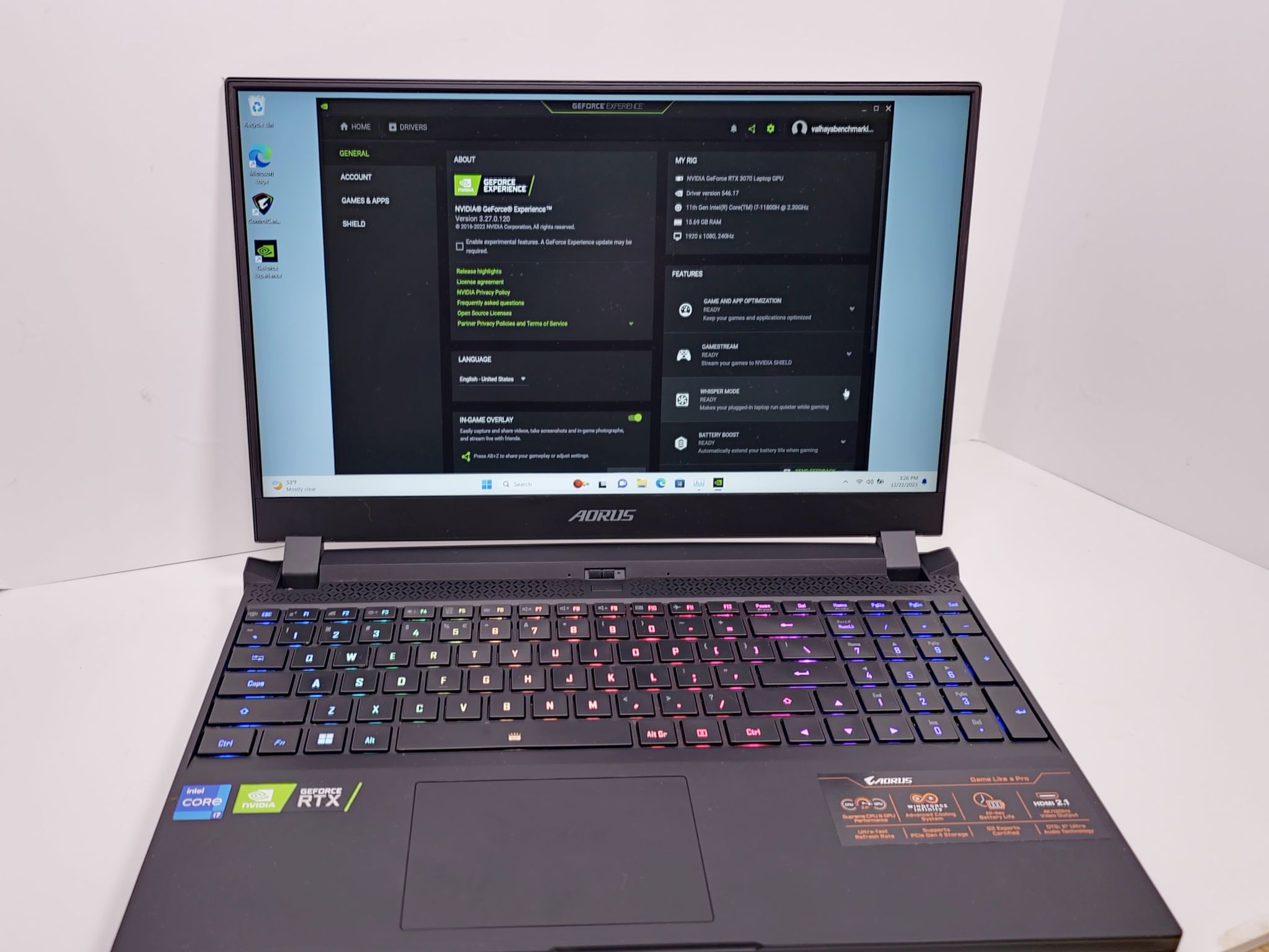 240hz Gaming Laptop with Intel i7 and RTX 3070 - Fully RGB Keyboard