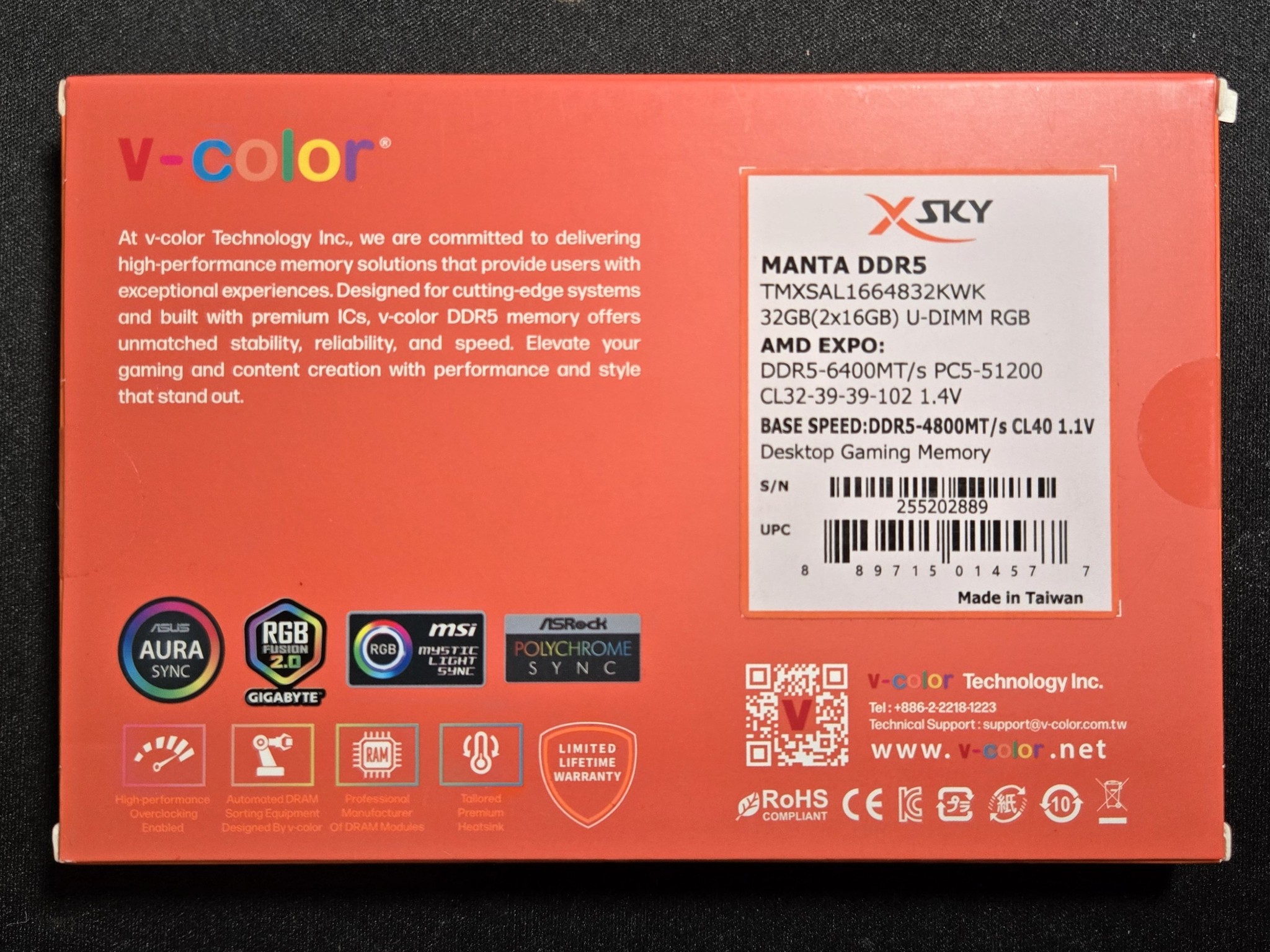 *New In Box* V-Color Manta XSky, DDR5, RGB, 32gb (16x2) 6400MT/s  CL32