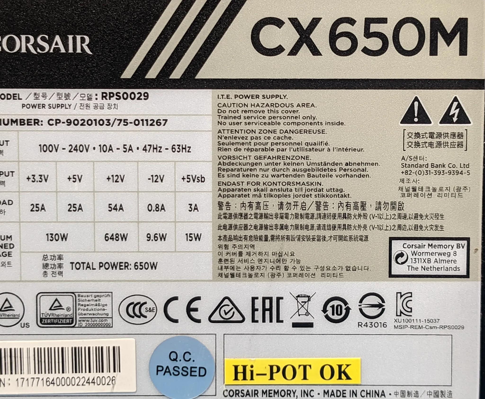 Corsair CX-Series CX650M 650W Semi-Modular 80 PLUS Bronze ATX Desktop PSU CP-9020103/75-011267