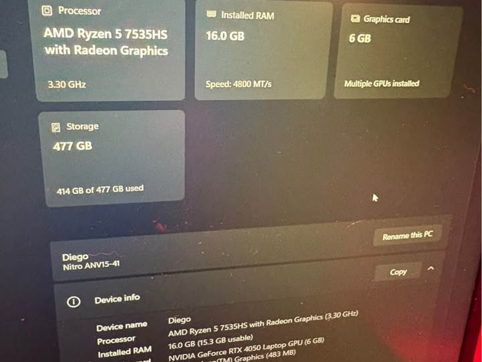 Acer Nitro V 15 Gaming Laptop Ryzen 5 7535HS RTX 4050 16GB RAM 512GB SSD 144Hz