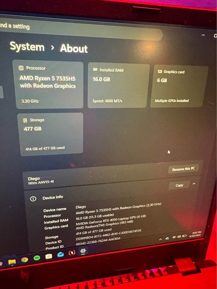 Acer Nitro V 15 Gaming Laptop Ryzen 5 7535HS RTX 4050 16GB RAM 512GB SSD 144Hz