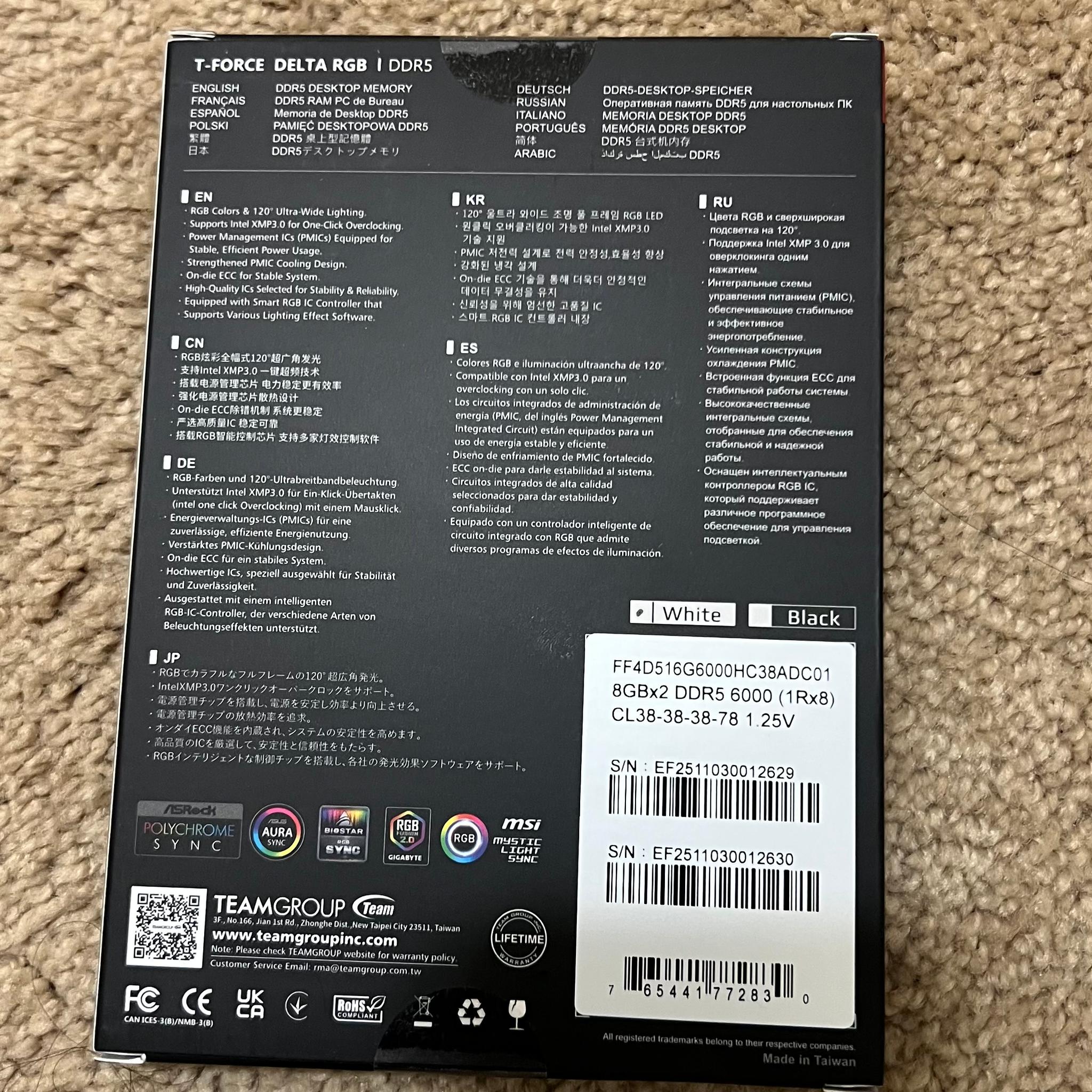 DDR5 Memory (RAM) | 16 GB | 6000 MHz | Teamgroup T-Force Delta RGB | New in Box