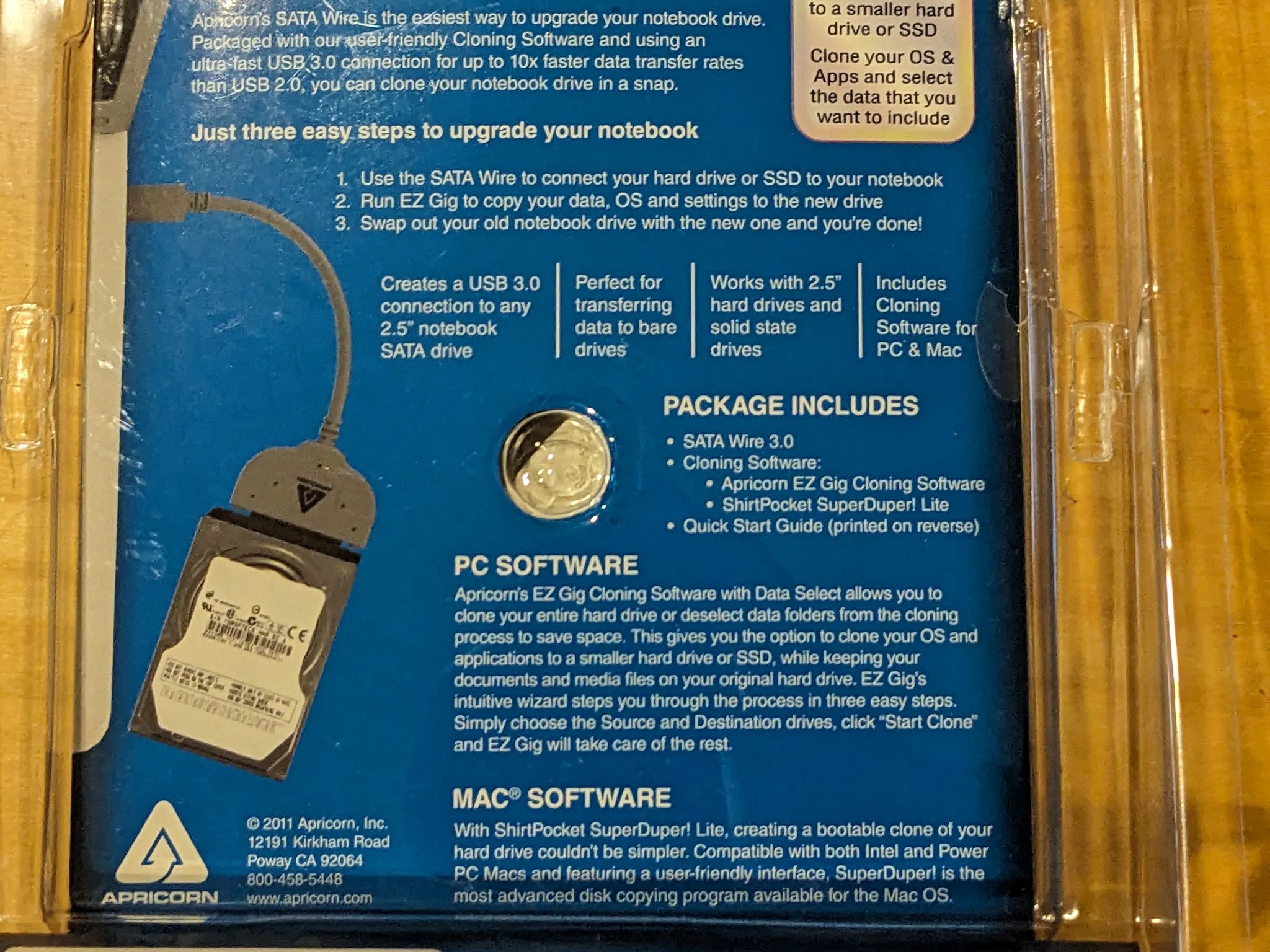 USB 3.0 to 2.5" HD/SSD Cable w/ Cloning Software -Apricorn SATA Wire 3.0- Netboot Drive Upgrade Kit