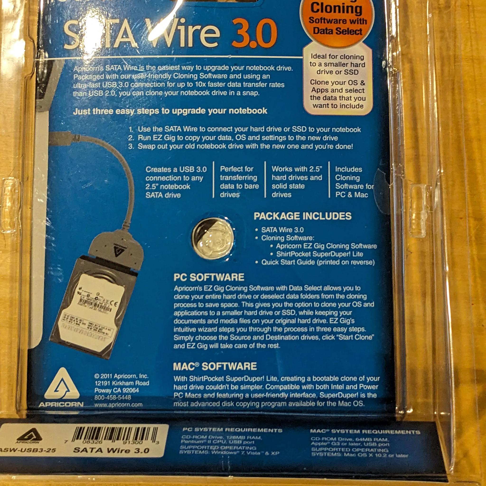 USB 3.0 to 2.5" HD/SSD Cable w/ Cloning Software -Apricorn SATA Wire 3.0- Netboot Drive Upgrade Kit