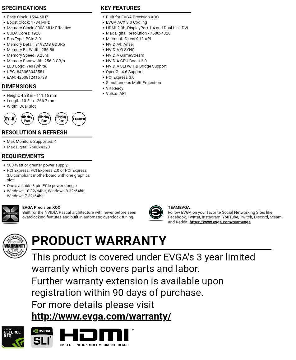 EVGA SC GAMING ACX 3.0 Black Edition GeForce GTX 1070 8 GB Video Card