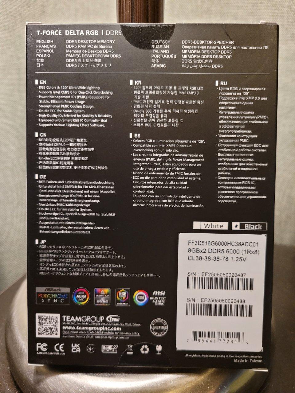 DDR5 6000MHz 2x8GB Memory, TeamGroup T-Force Delta RGB, Black