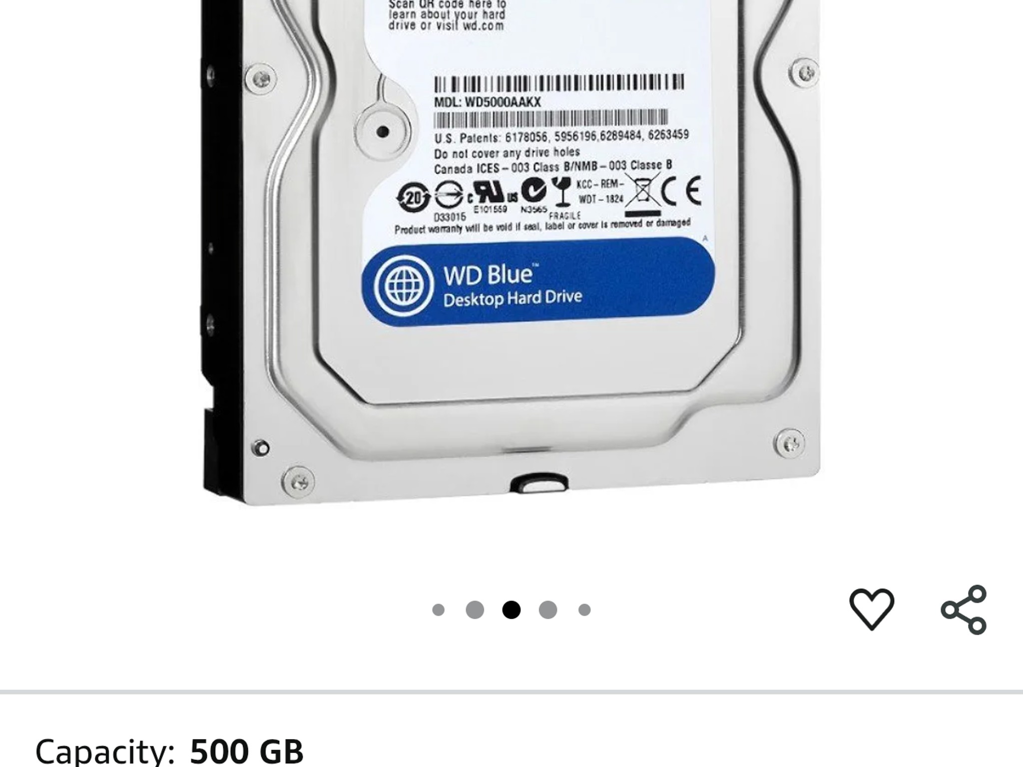 WD Blue 500GB Desktop Hard Disk Drive - 7200 RPM SATA 6 Gb/s 16MB Cache 3.5 Inch