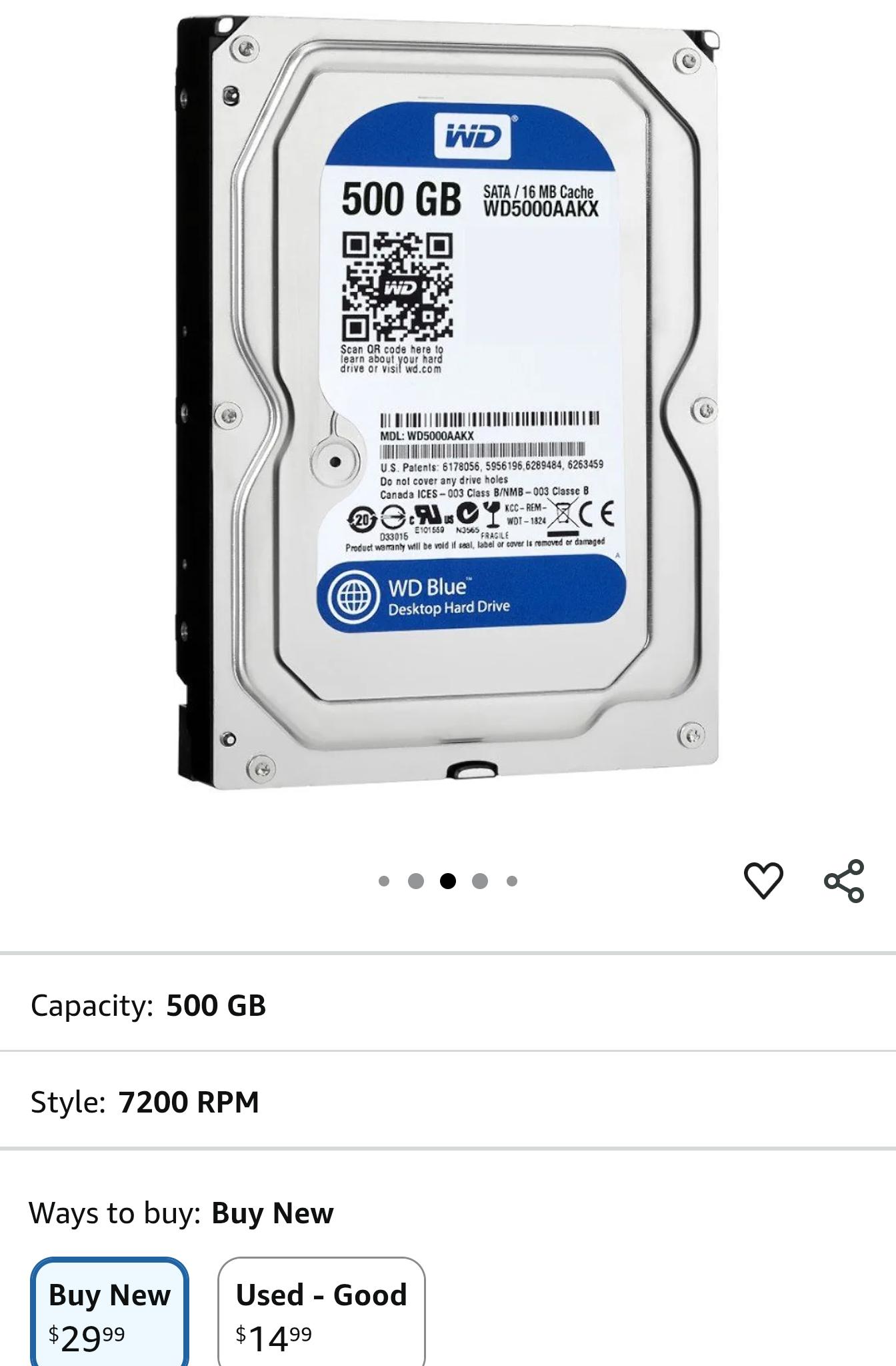 WD Blue 500GB Desktop Hard Disk Drive - 7200 RPM SATA 6 Gb/s 16MB Cache 3.5 Inch